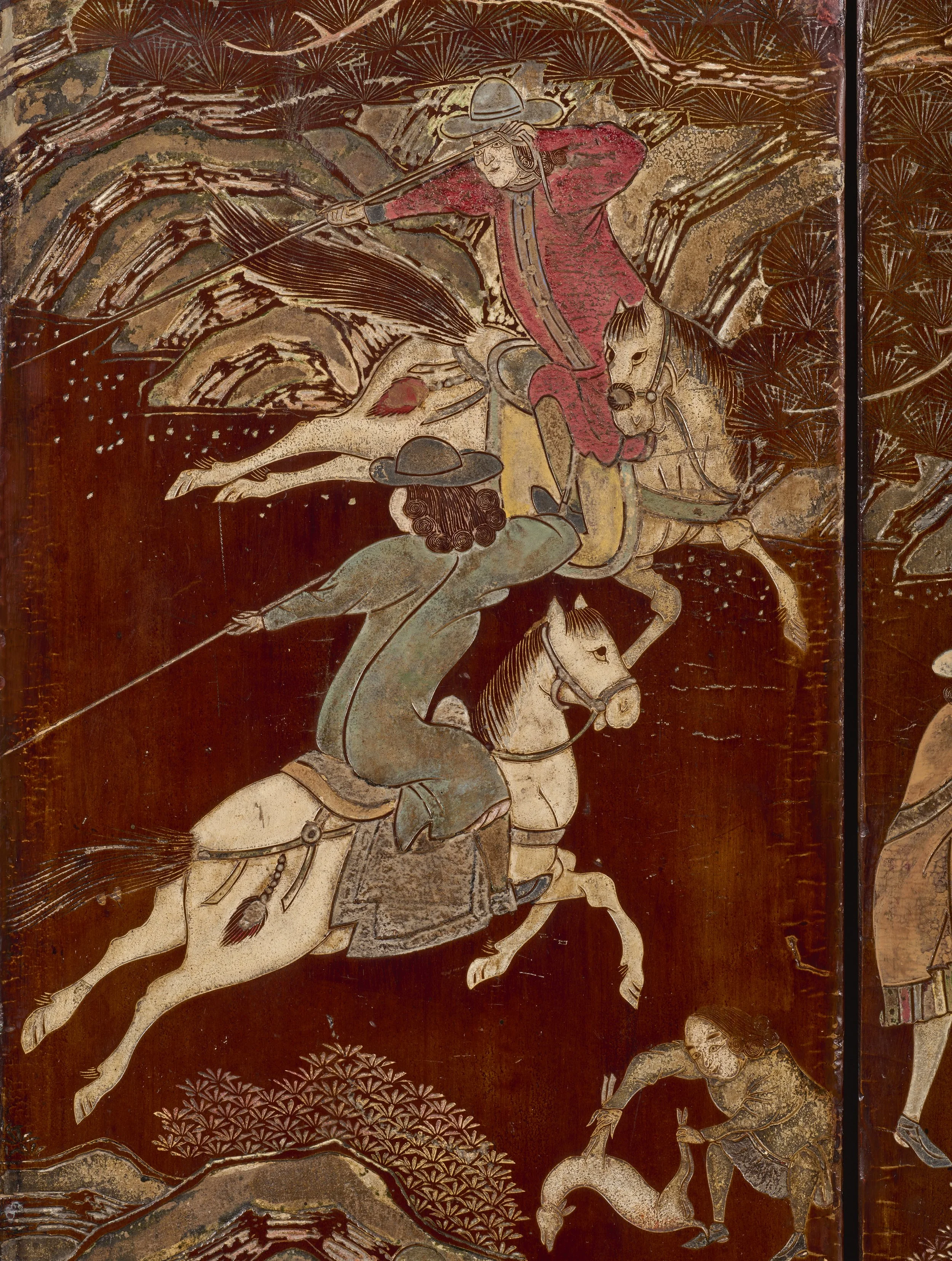 Europeans depicted with their ship approaching the bay of Chinese land, some are carrying hunted animals.