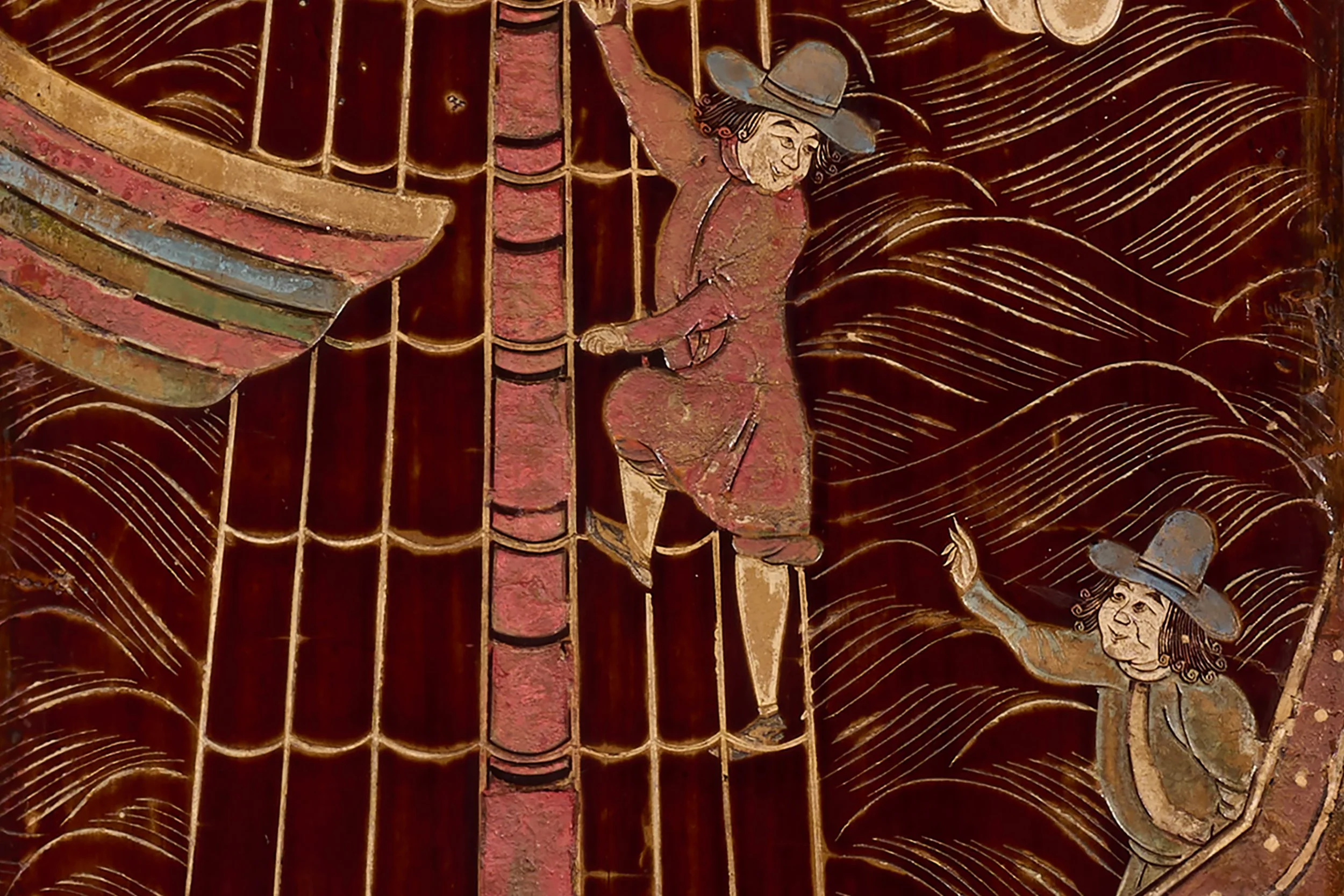 European figures depicted on a Kuancai lacquer screen.