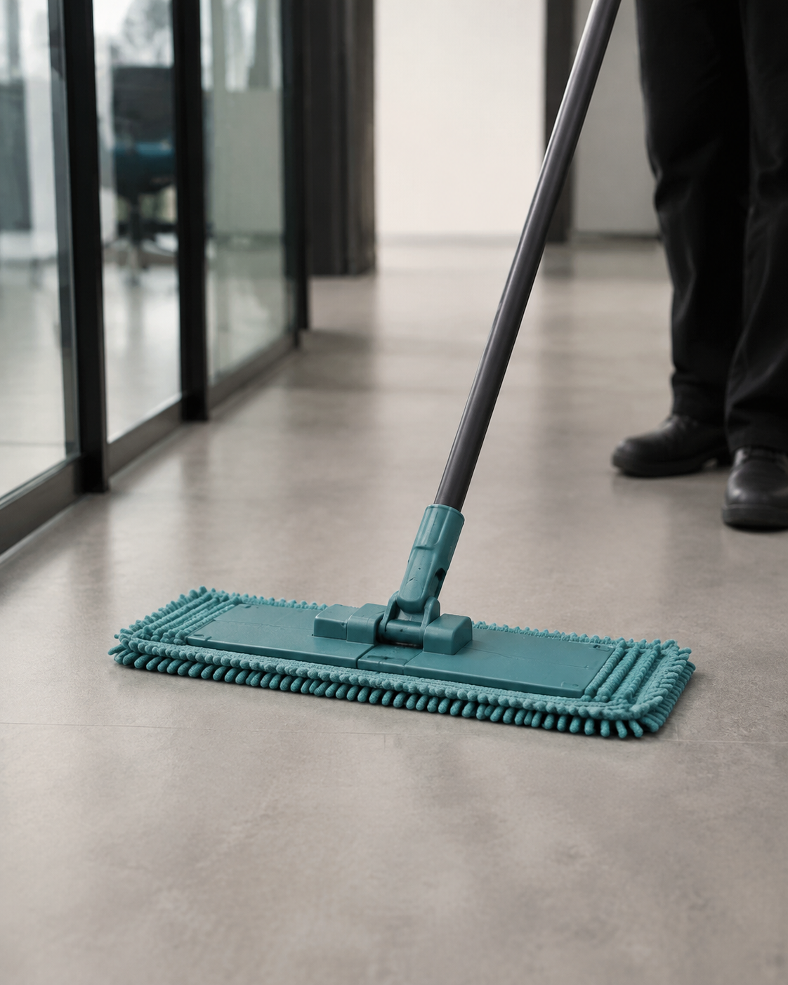 Illustrative image of a teal microfibre mop cleaning a commercial hard floor