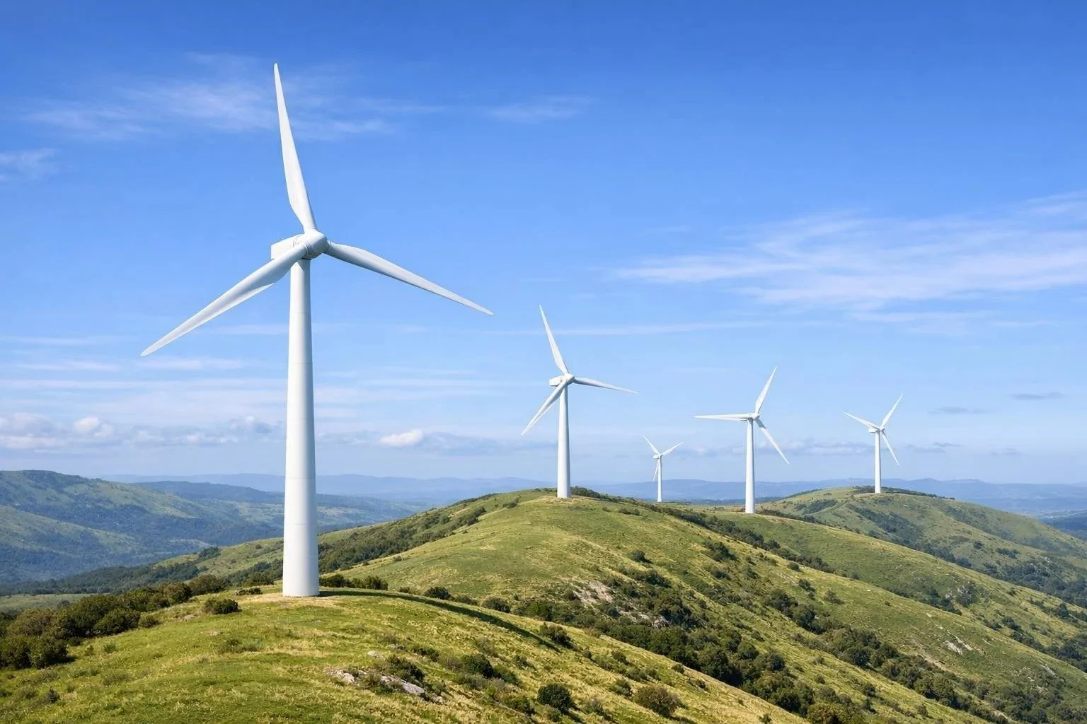 Windkraftanlagen auf grünen Hügeln unter einem blauen Himmel mit Wolken.