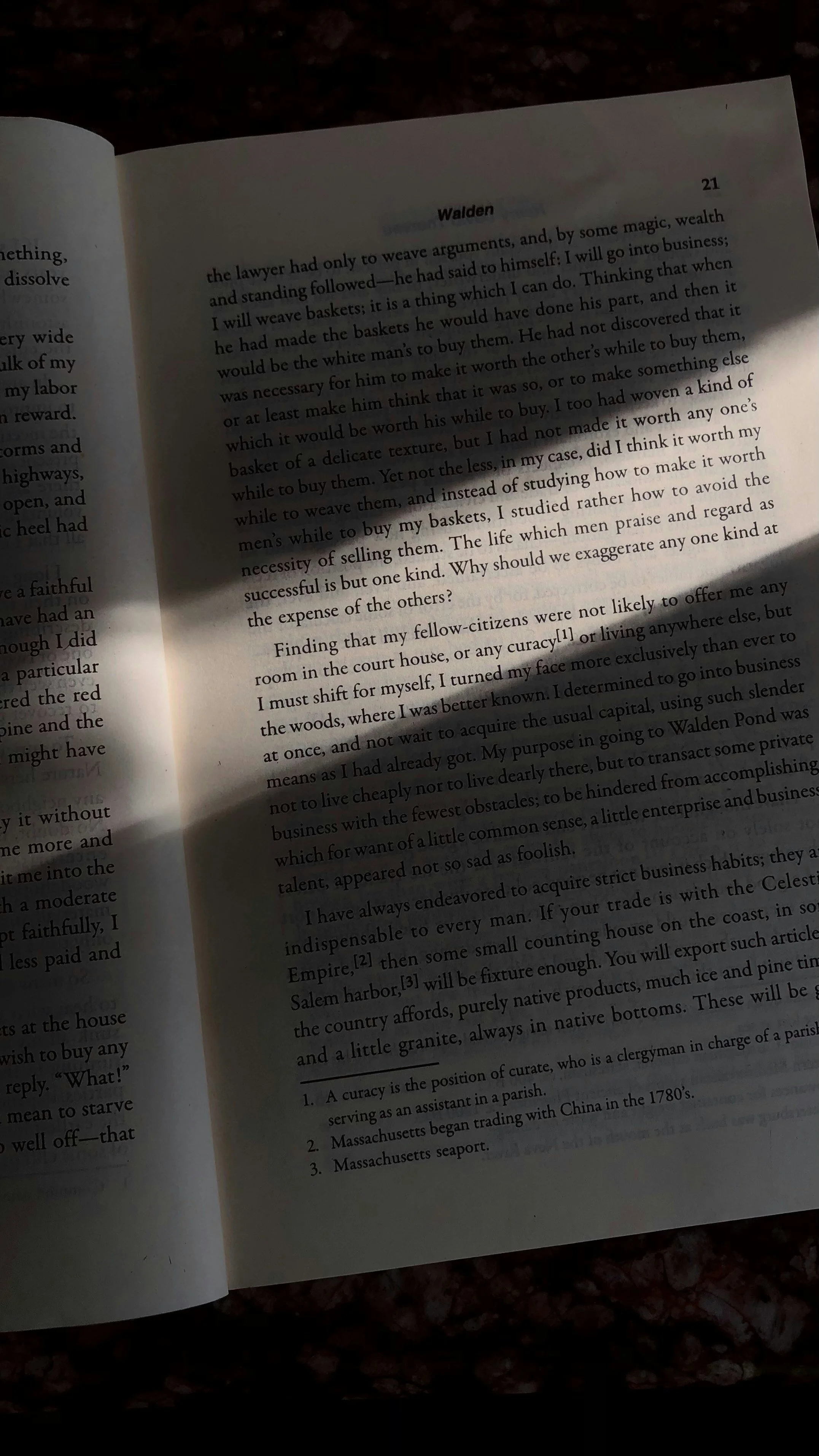 Offene Buchseite mit Text in Englisch, der Abschnitt über Walden und eine Fußnote am unteren Rand.