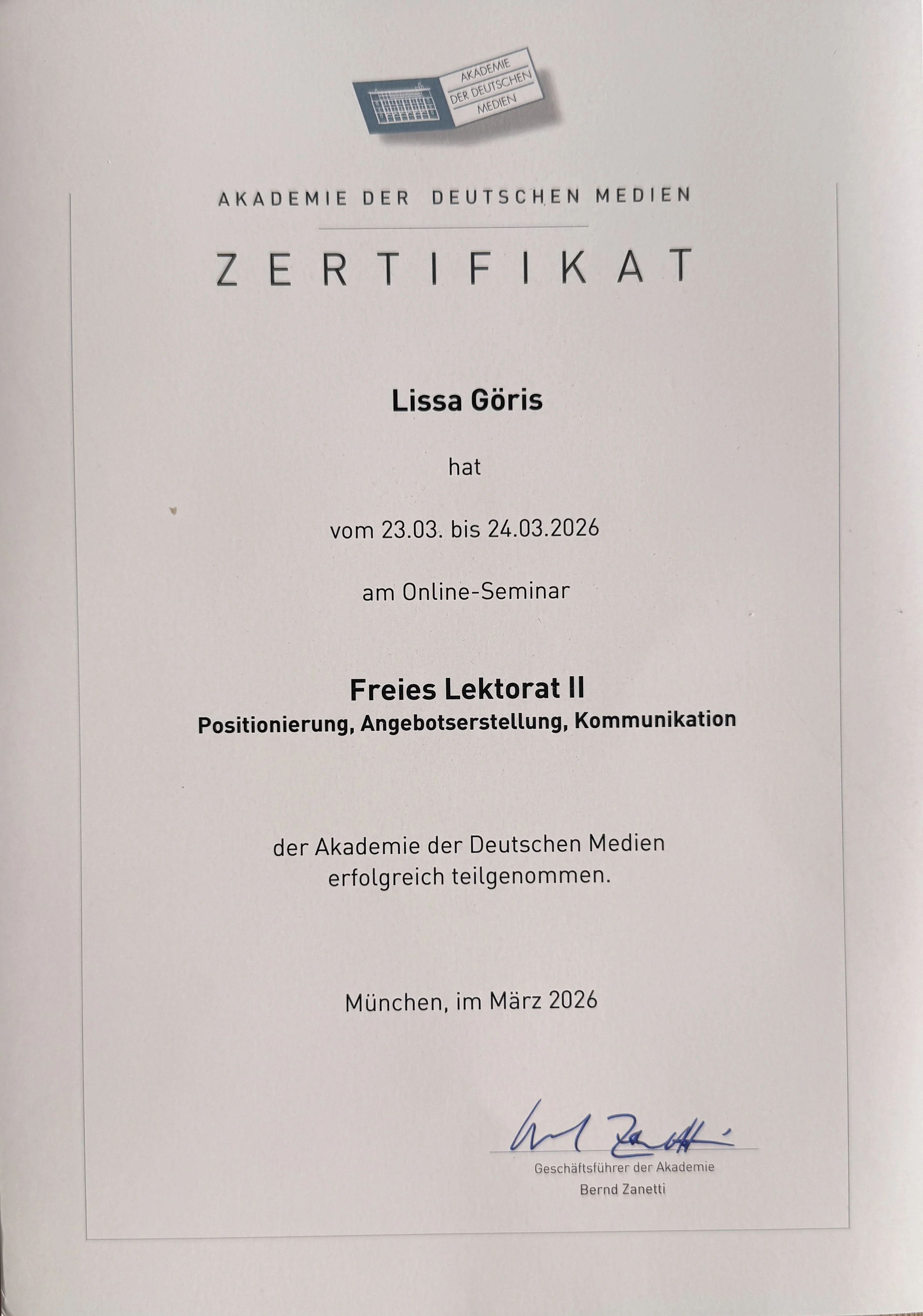 Freies Lektorat II Zertifikat