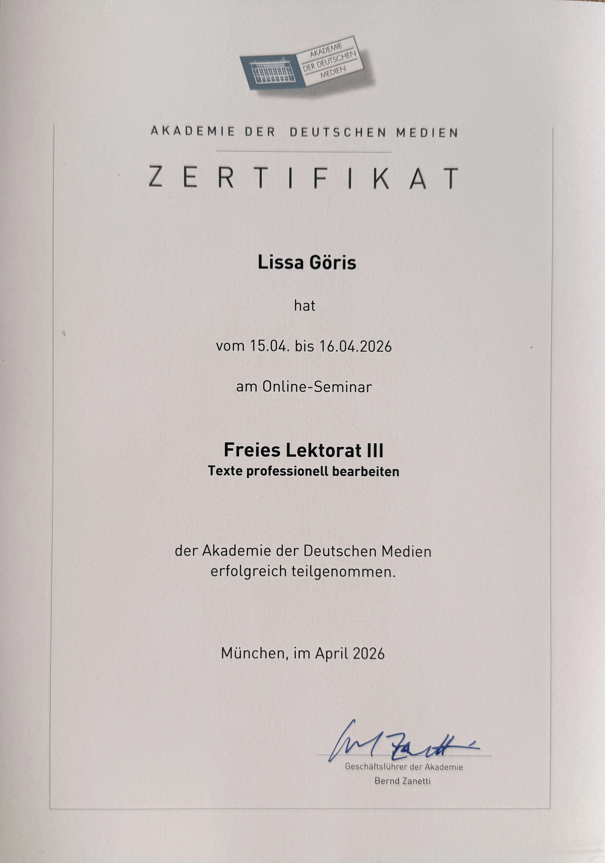 Freies Lektorat II Zertifikat