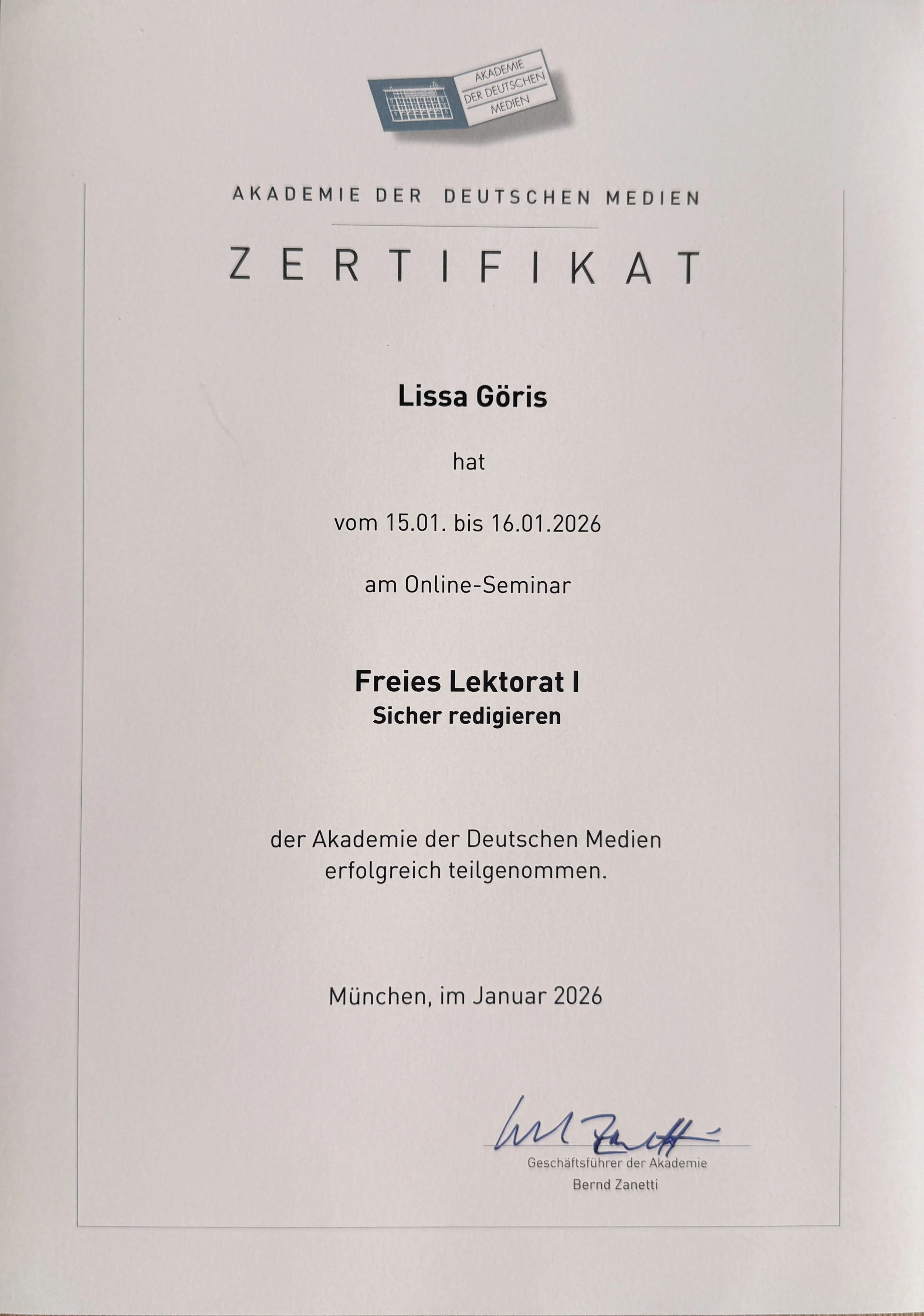 Freies Lektorat I Zertifikat