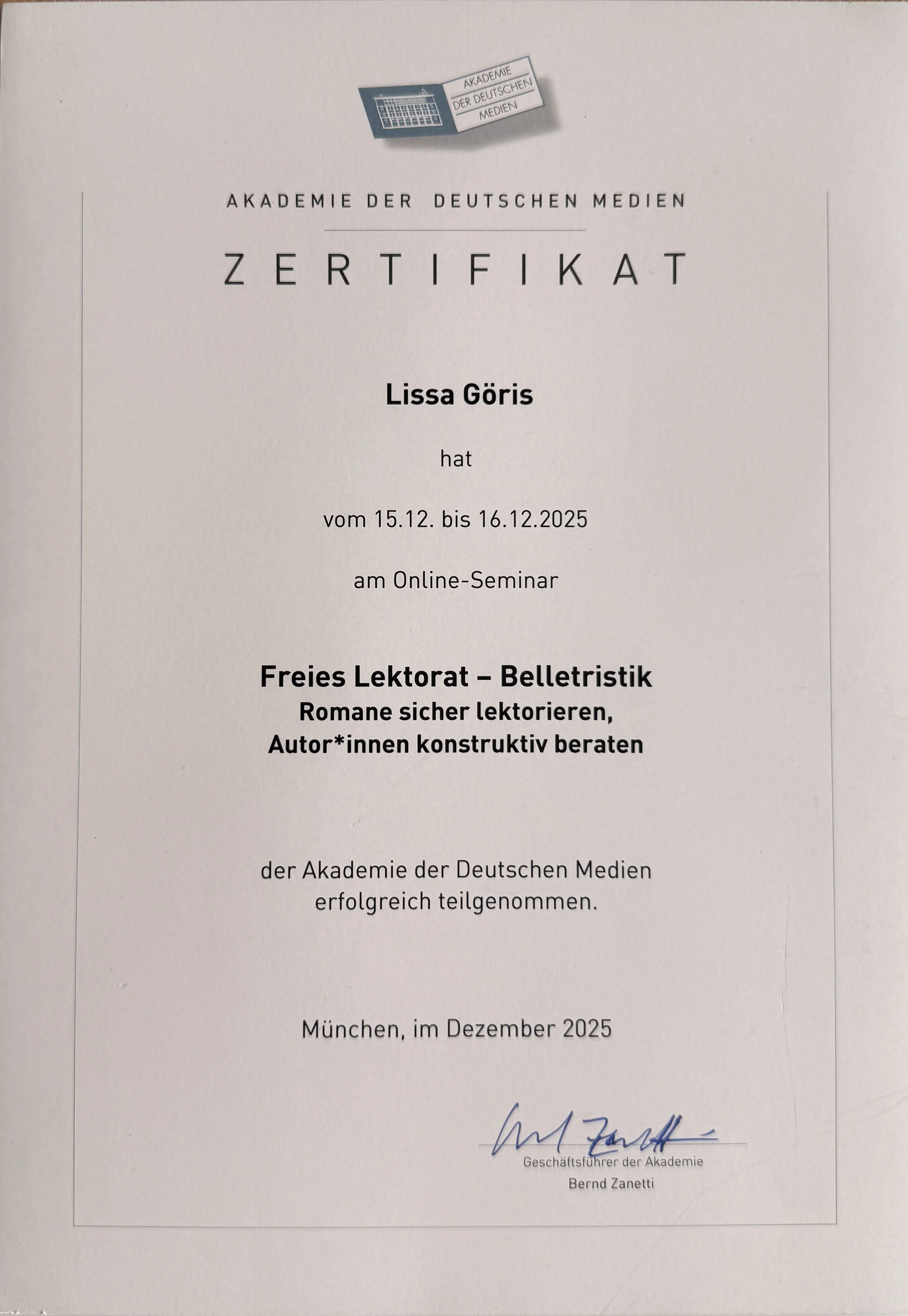 Freies Lektorat Belletristik Zertifikat
