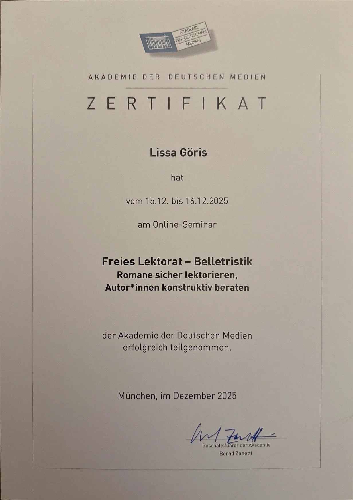 Zertifikat über eine Weiterbildung im freien Lektorat mit Spezialisierung auf Belletristik