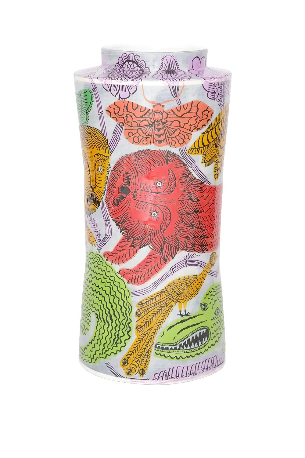 A transparent cylindrical container decorated with colorful illustrations of various animals and insects, including a lion, tiger, crocodile, giraffe, butterfly, and moth, on a white background.