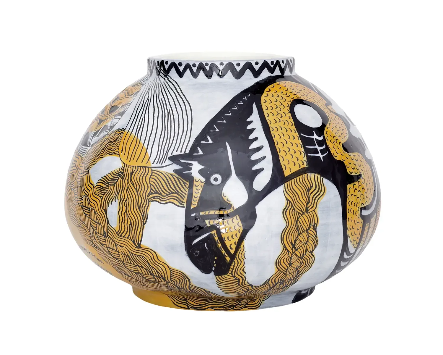 Decorative pottery vase with abstract patterns in black, yellow, and white, featuring motifs of a face and animals.