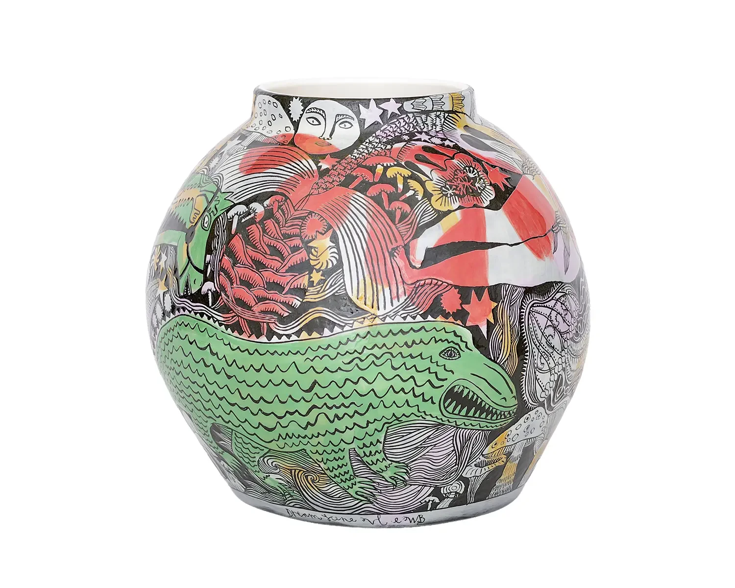 Colourful decorative vase with abstract illustrations of faces, animals, and various patterns in black, red, yellow, green, and purple.