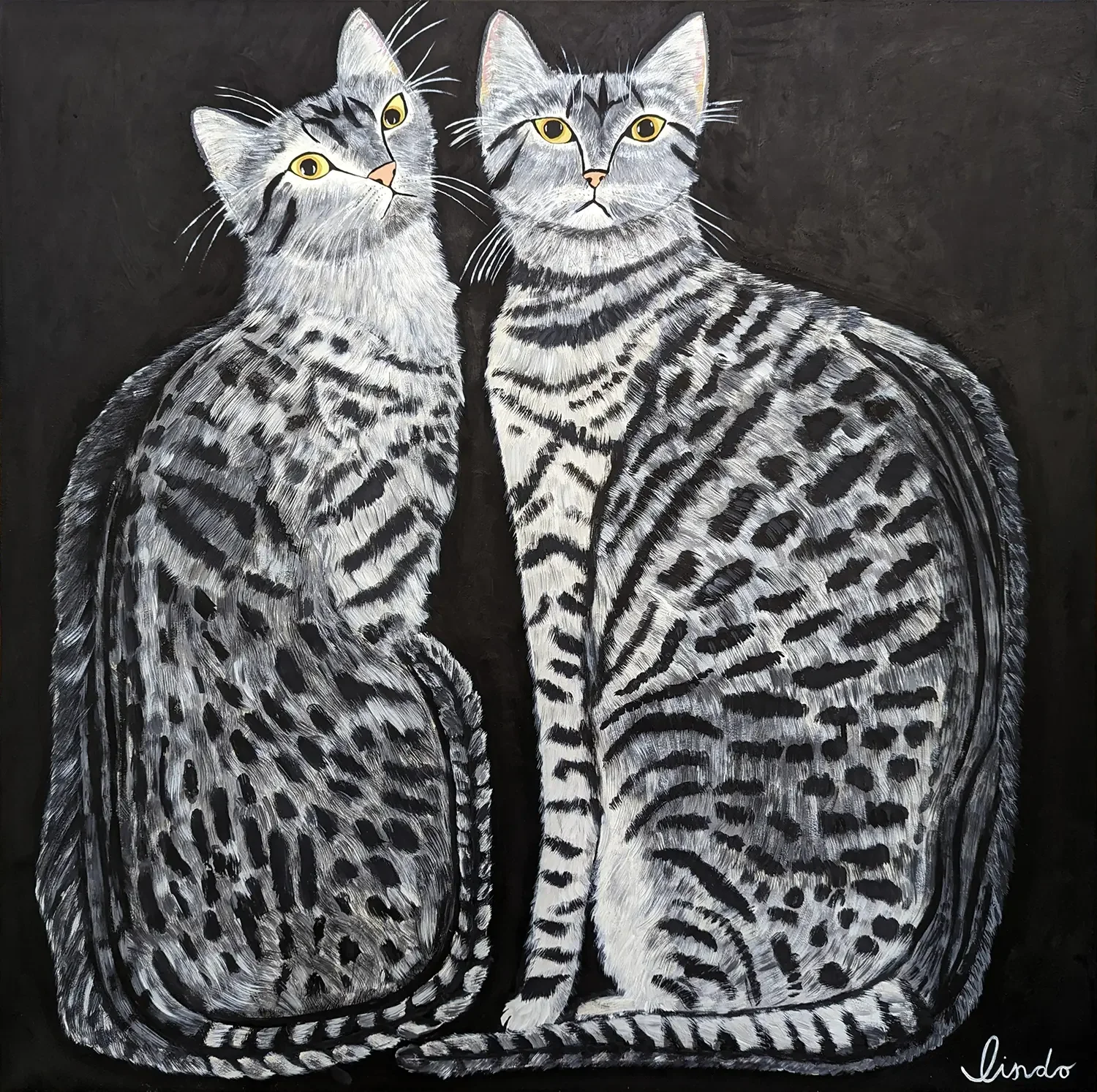 Painting of two gray tabby cats with yellow eyes sitting side by side against a black background.