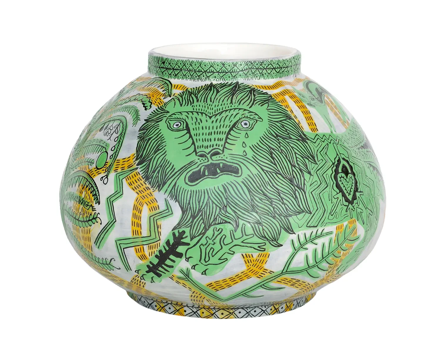 Decorative vase featuring a green lion with a tear, surrounded by intricate yellow, black, and green patterns.