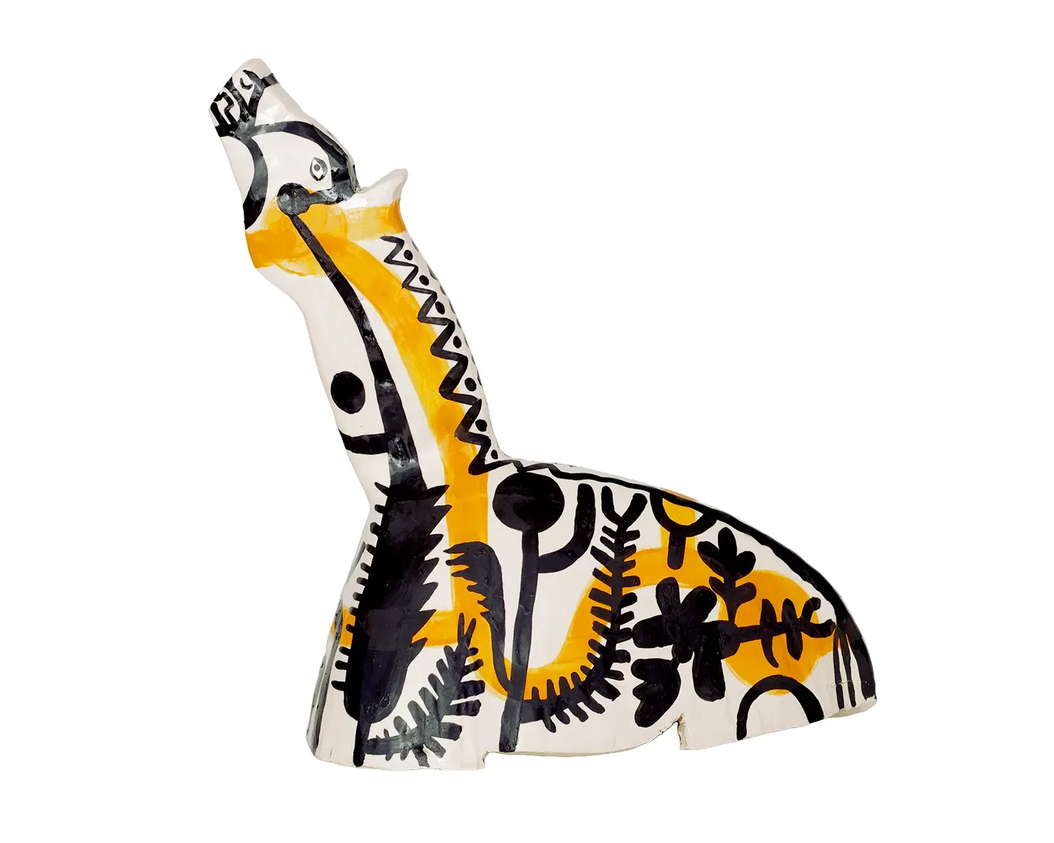 Decorative ceramic horse sculpture with black, white, and yellow abstract patterns.