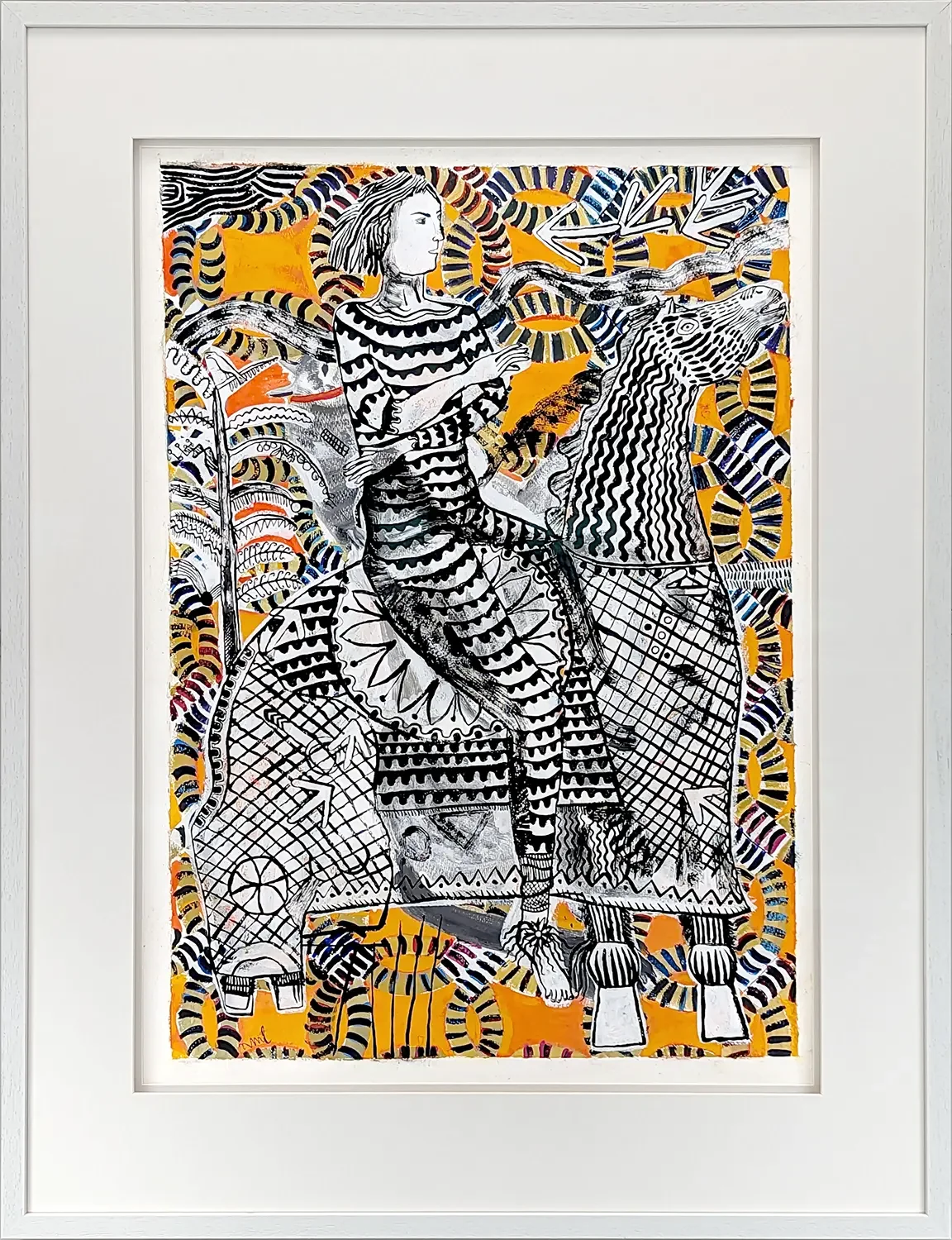 Painting of a woman riding a horse, with background and foreground details in black, white, orange, yellow, red, blue, and purple, featuring abstract patterns, lines, and shapes.
