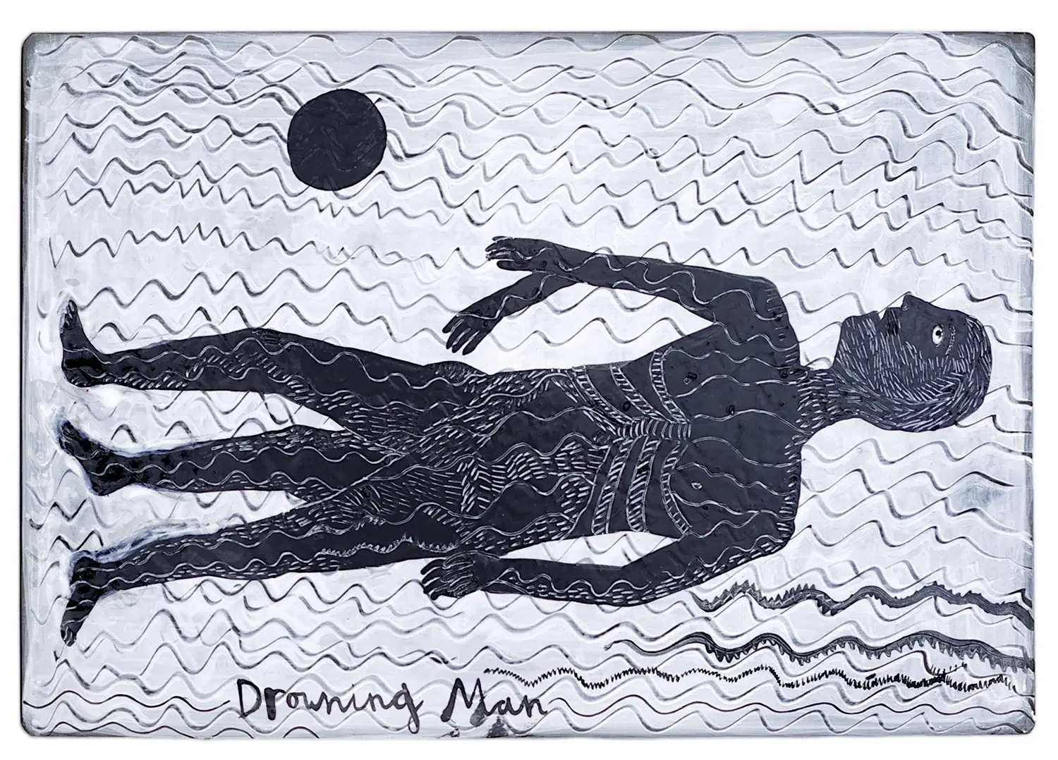 A black and white drawing of a man lying on his back with arms extended, under a black sun, with wavy background lines, and the words "Drowning Man" written underneath.