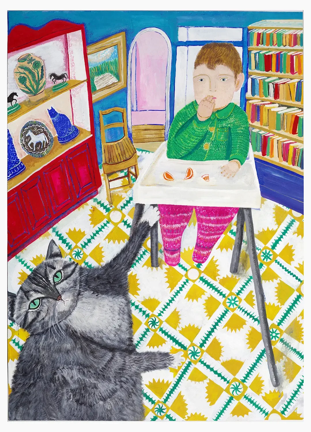 Colorful painting of a boy with a green sweater standing at a high chair with an orange slice. A gray tabby cat with green eyes lying on a yellow, green, and white patterned floor, reaching for the boy's hand. Background includes a blue wall with a w