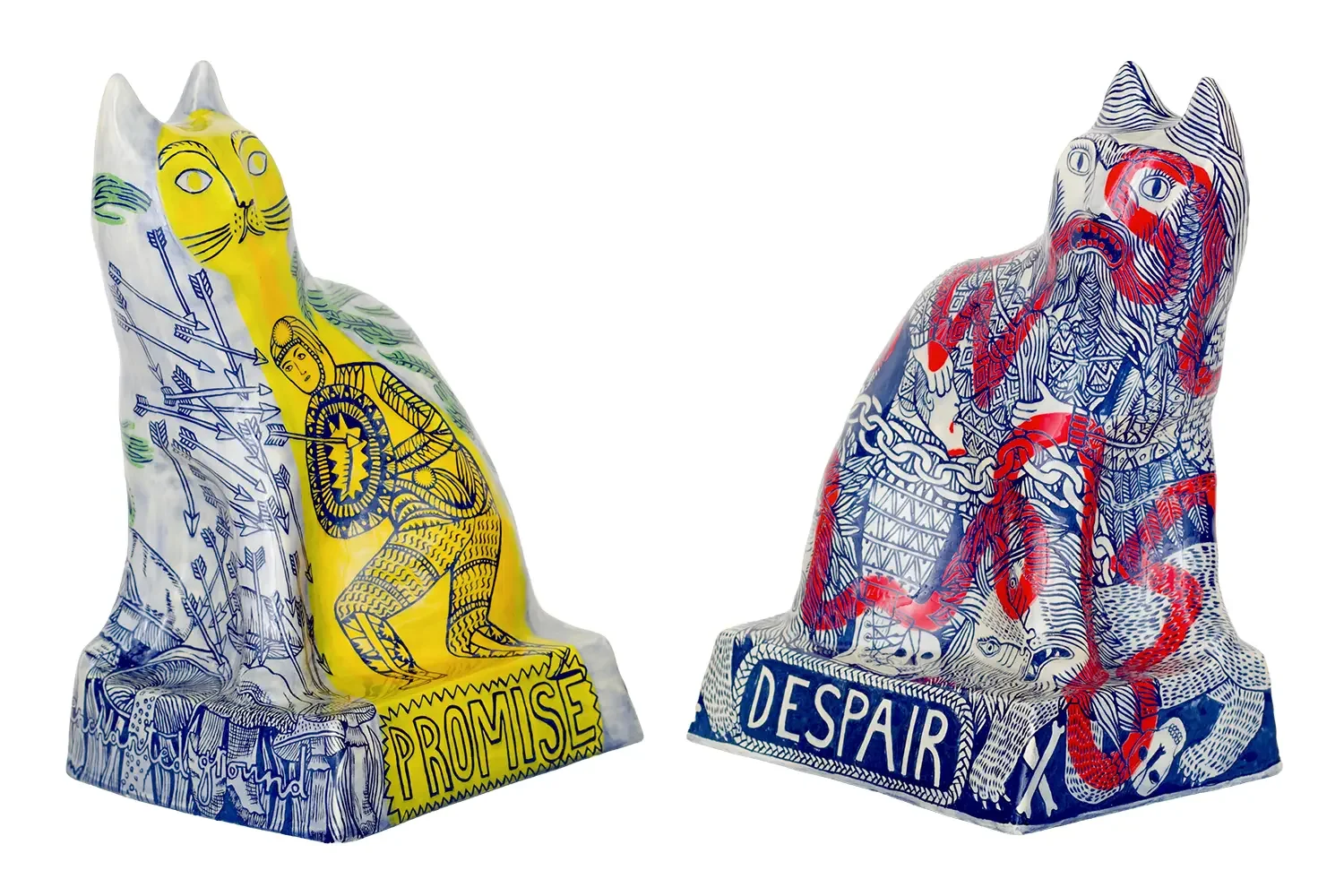Artistic sculptures of cats, one labeled 'Promise' with a knight figure and arrows, the other labeled 'Despair' with a lion and chains, featuring intricate line patterns and vivid colors.