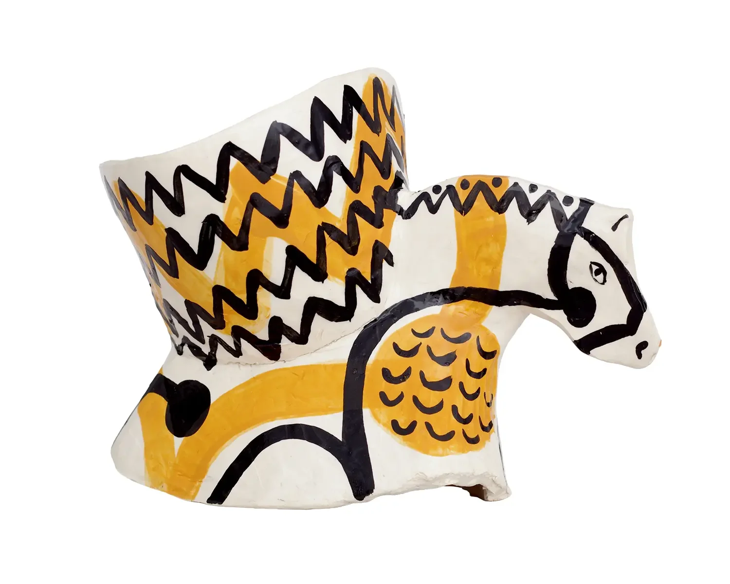 Colorful ceramic sculpture of a horse with bold black and yellow painted patterns.