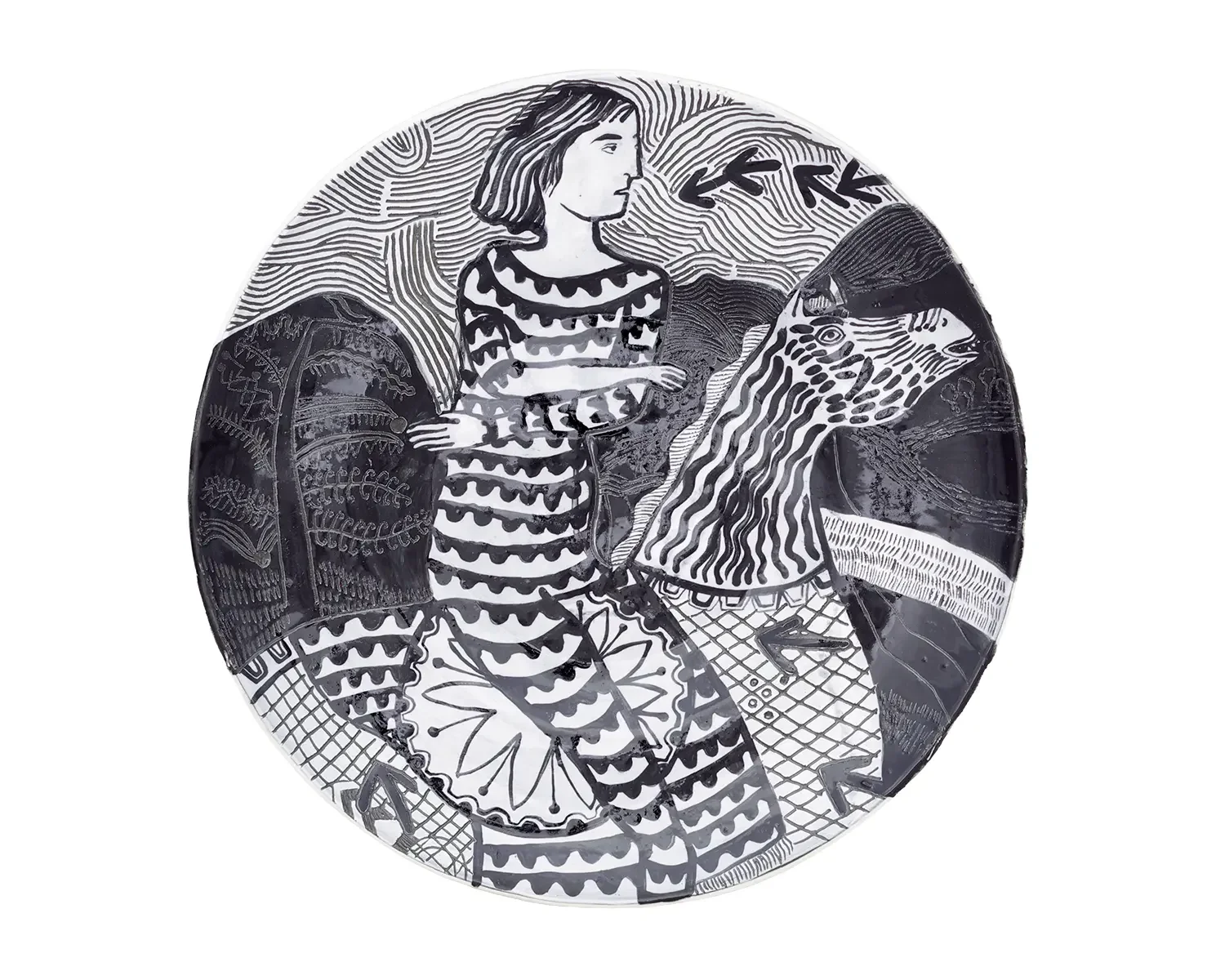 Black and white illustration of a woman on a horse, with a stylized horse figure, surrounded by abstract patterns and lines.