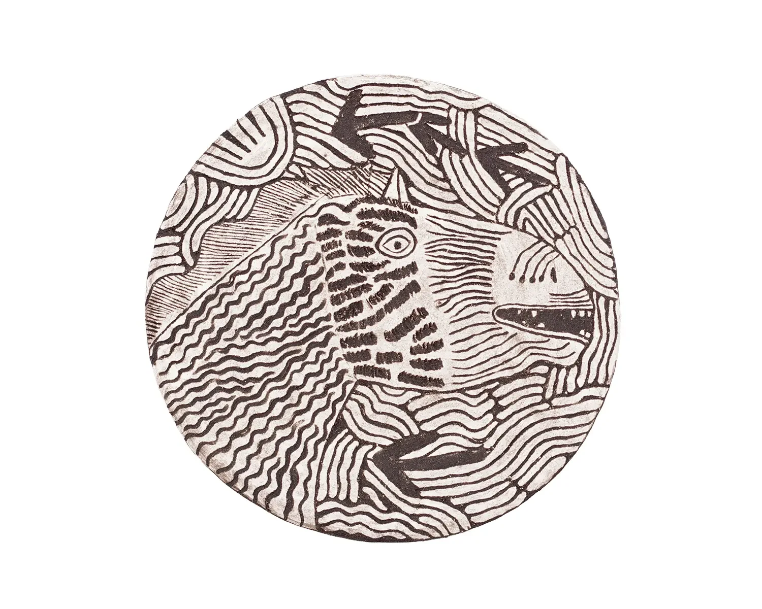 A black and white circular illustration of a seahorse with intricate line patterns, surrounded by abstract wavy lines and shapes.