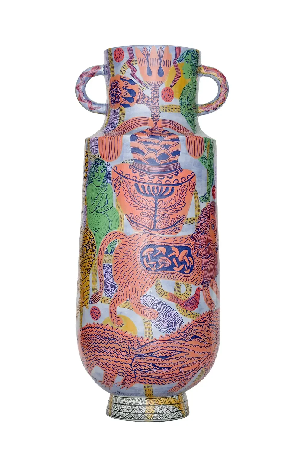 Colourful decorative vase with abstract and figurative art in pink, orange, green, purple, and yellow tones.
