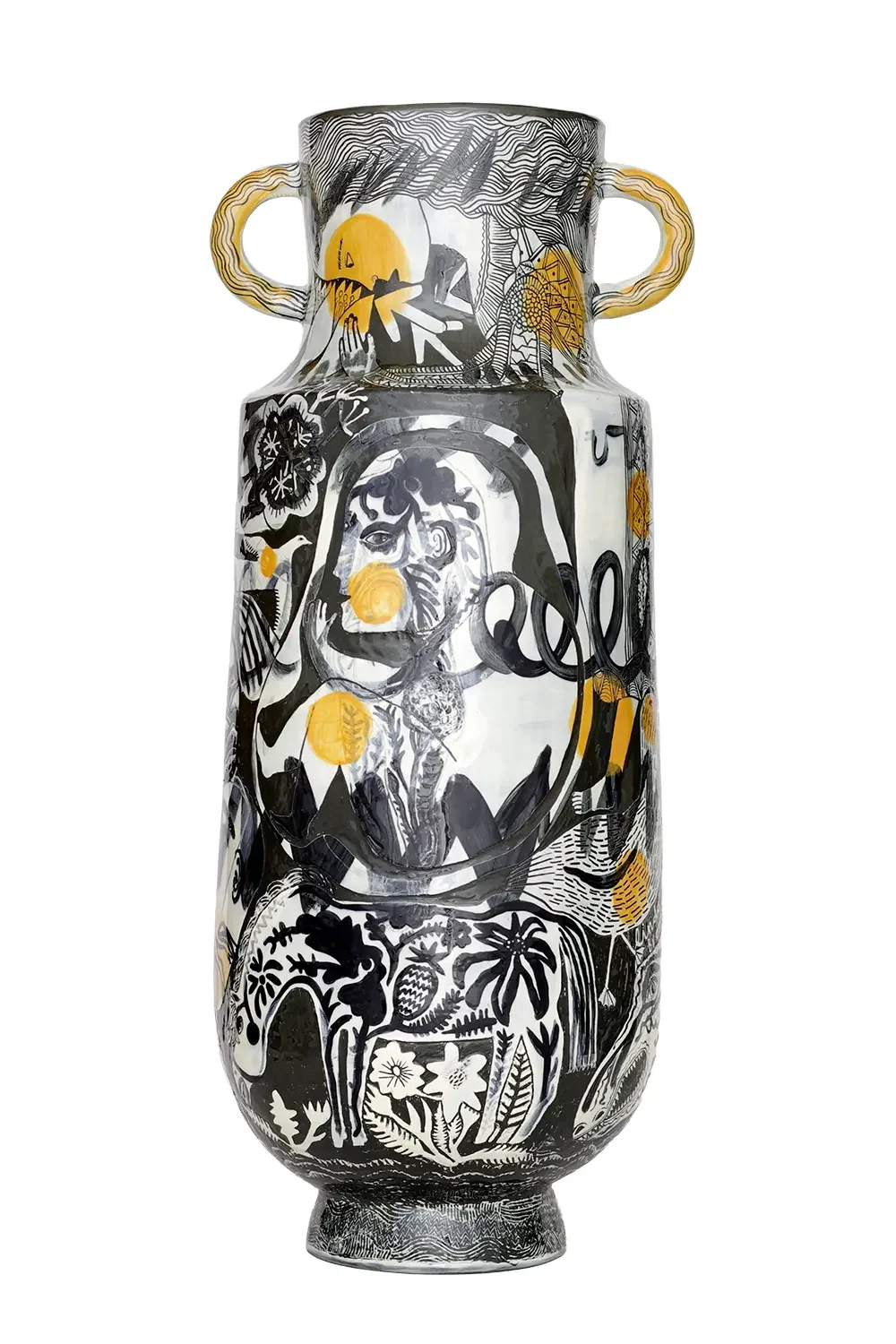 Black and yellow decorative vase with abstract and figurative illustrations, including a face, animals, and patterns.