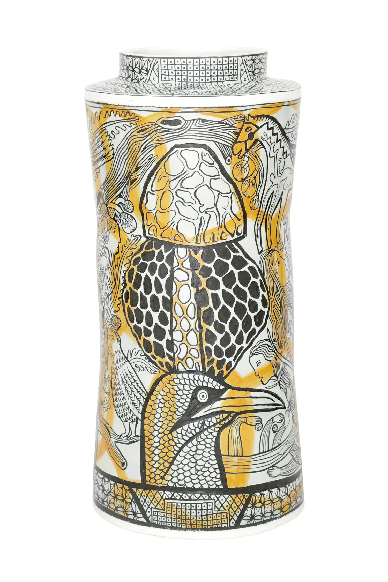 Decorative ceramic vase with intricate black, white, and yellow artwork featuring animals and abstract patterns.