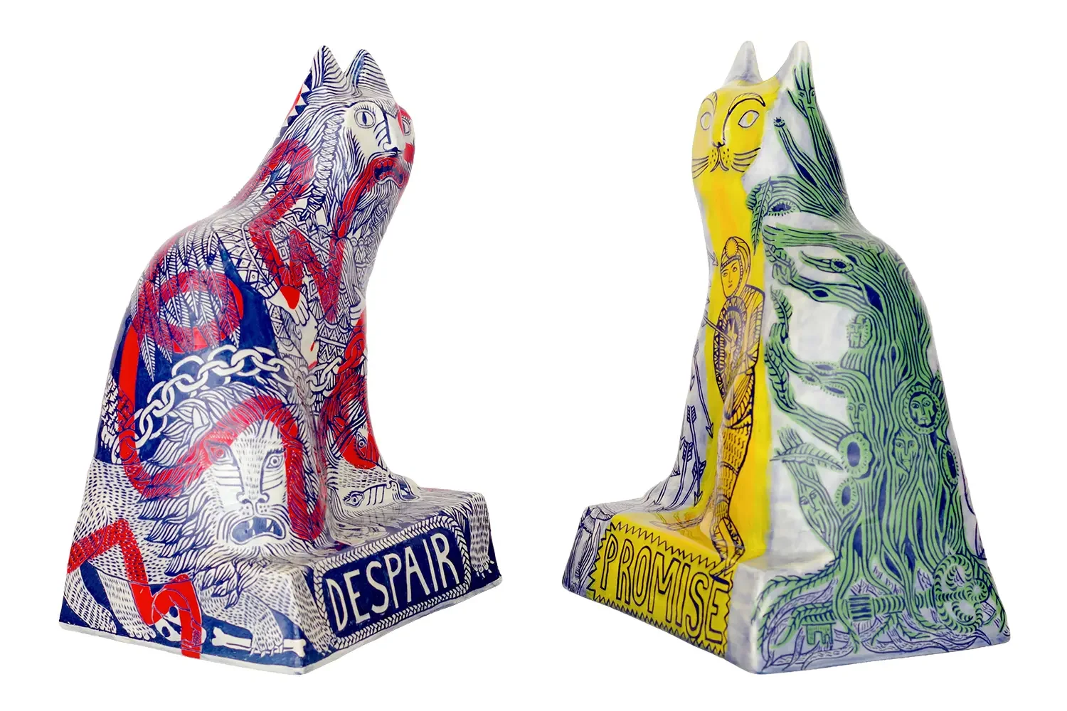 Two colourful cat sculptures with elaborate designs and text; one labeled 'Despair' and the other 'Promise'.
