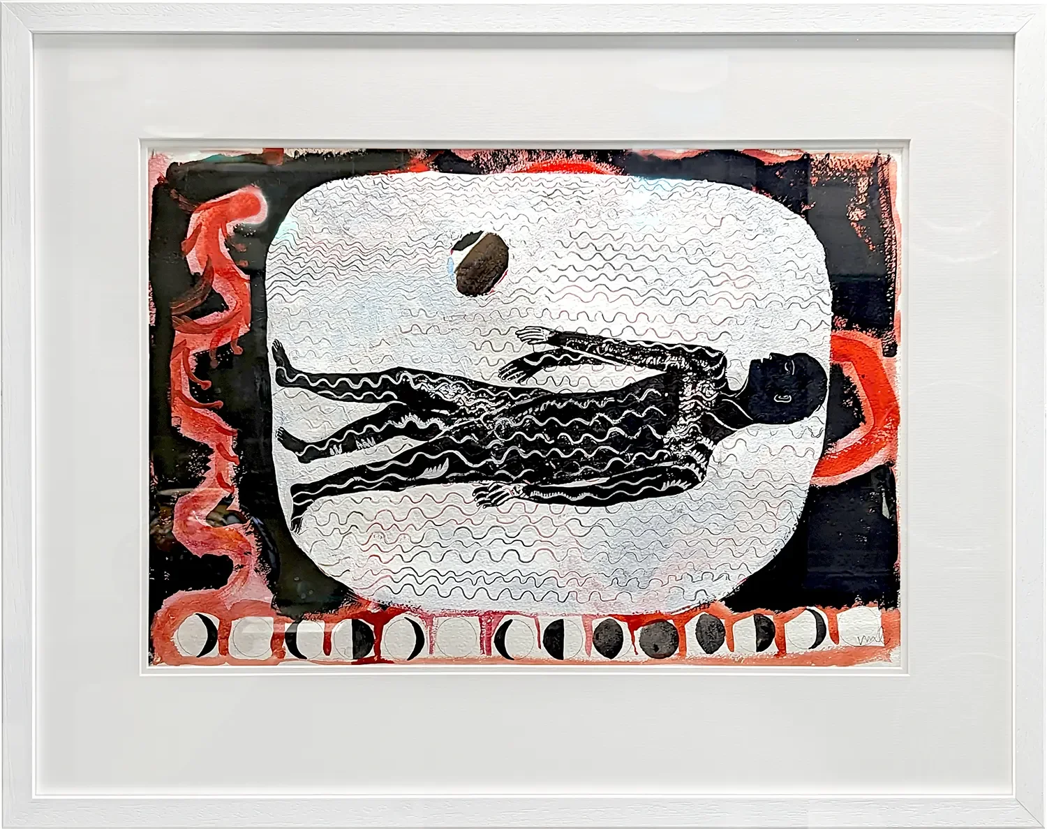 An abstract artwork featuring a black figure lying down inside a large white oval shape with textured lines. The background has black, red, and white colors with circular patterns along the bottom and wavy lines throughout.