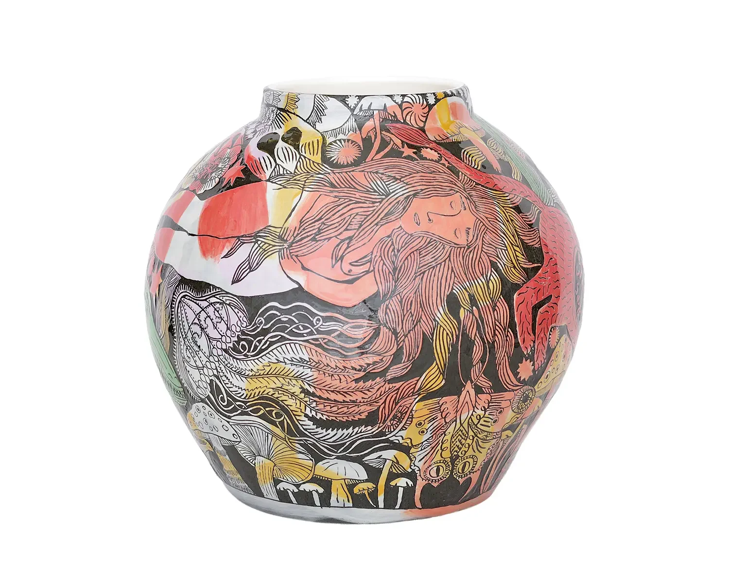Decorative ceramic vase with abstract nature-inspired colourful patterns including floral and animal motifs.