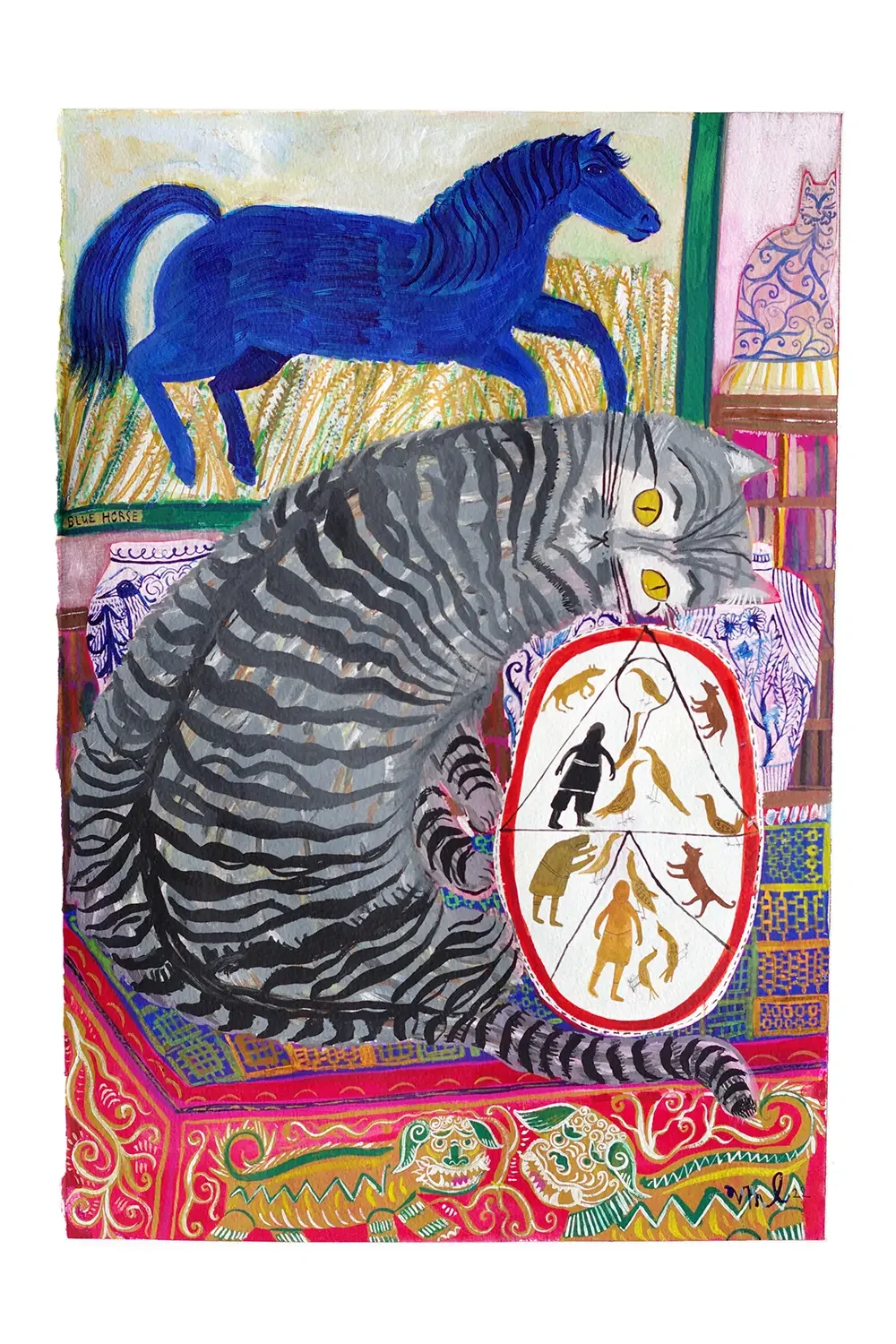 Colorful painting featuring a large striped gray cat with yellow eyes, a blue horse in the background, a red-bordered circle with human and animal silhouettes, and decorative patterns on a patterned surface.