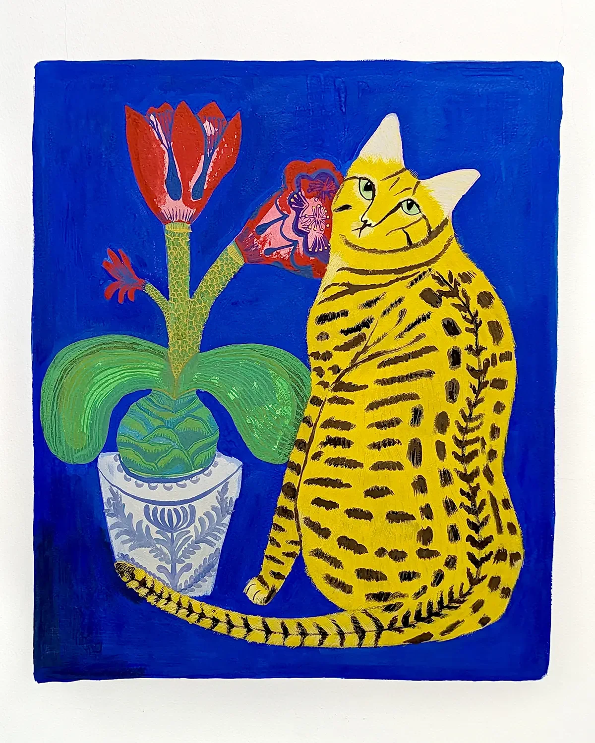 Colorful painting of a yellow cat with black stripes sitting next to a potted plant with red flowers, against a blue background.