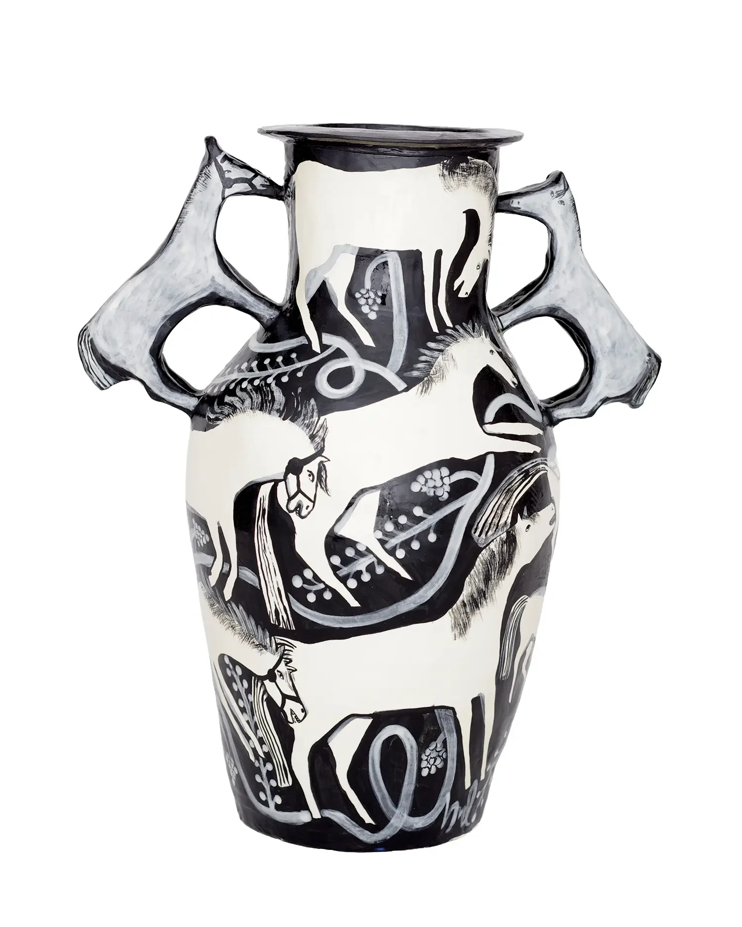 Decorative vase with black and white abstract animal, horse, and floral patterns.