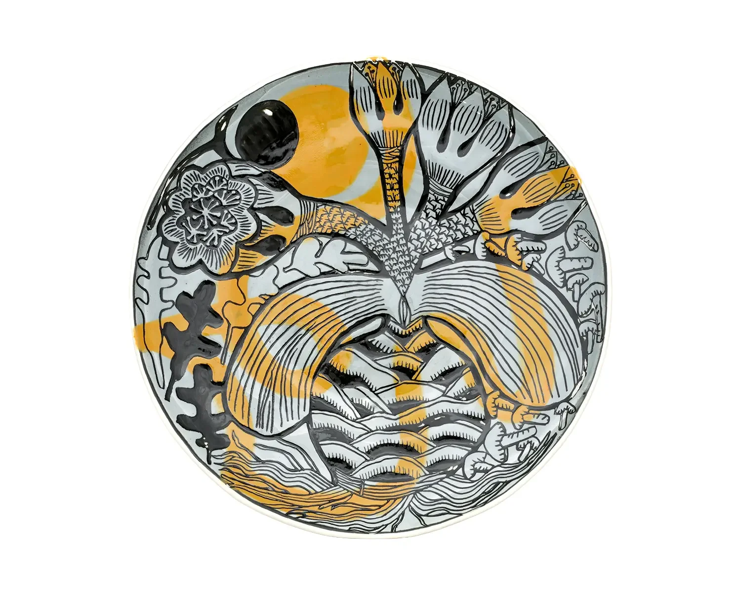 Decorative plate featuring a stylised leaf and floral pattern in black, gray, orange, and yellow colours.