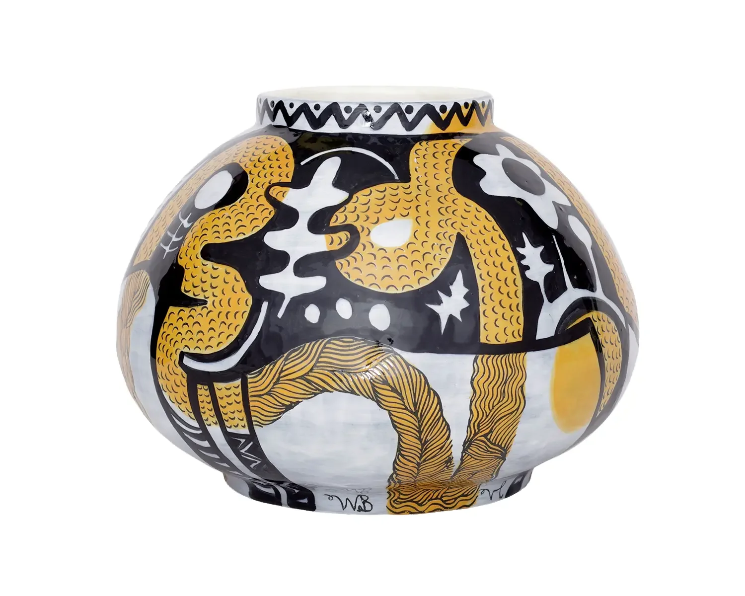 Colourful decorative vase with black, white, and yellow abstract patterns and designs.