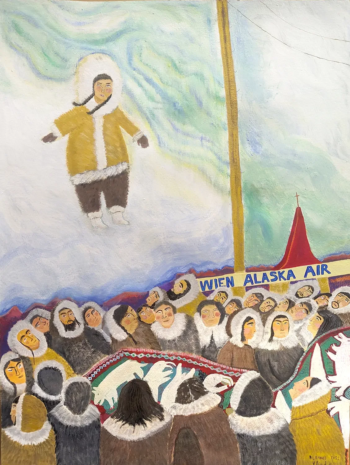 A painting depicting a group of people gathered outdoors in winter clothing, watching a performer in the sky who appears to be floating or flying, with a backdrop of clouds and a sign reading 'Wien Alaska Air'.