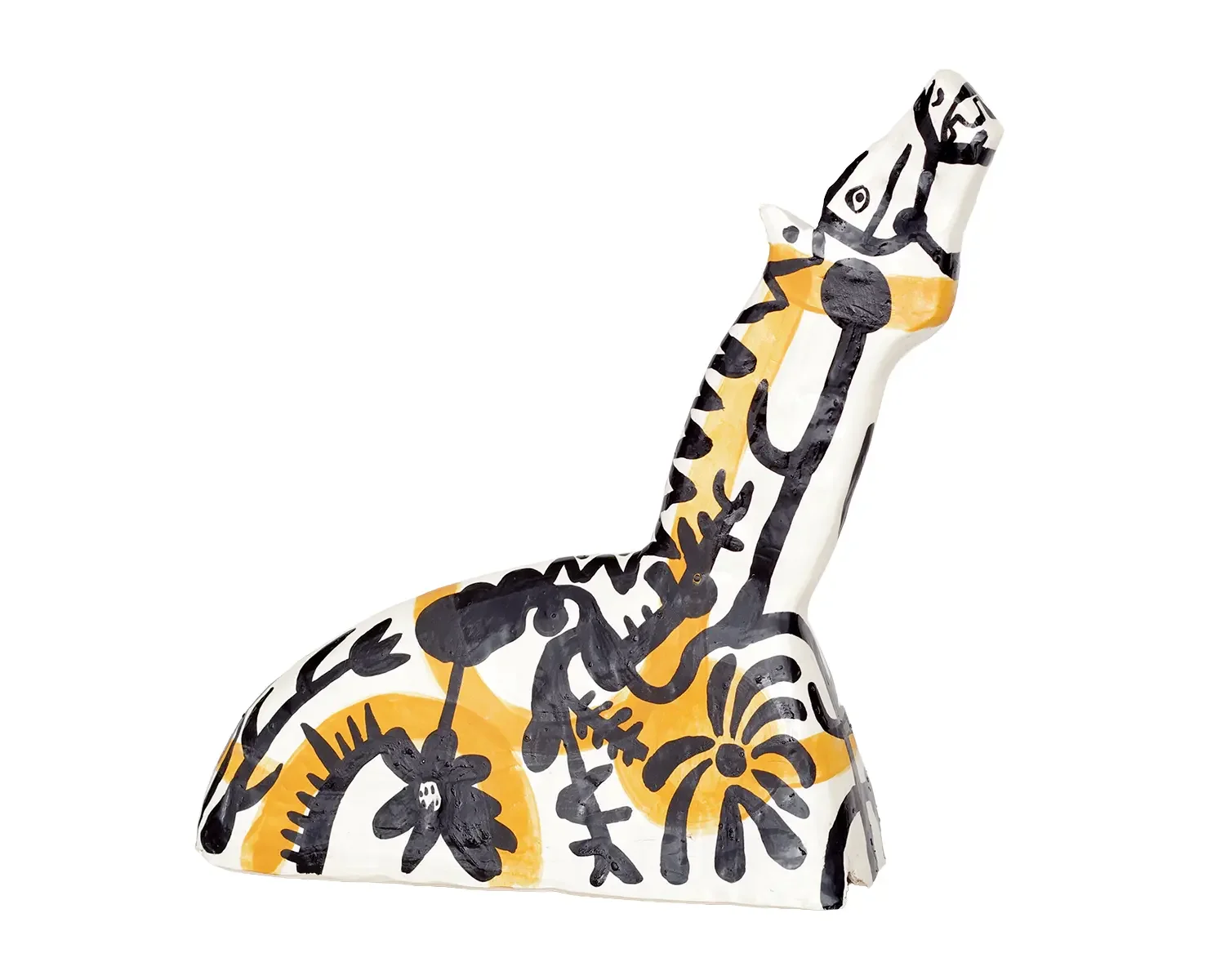 Decorative ceramic horse sculpture with black and yellow floral and animal prints on a white background.
