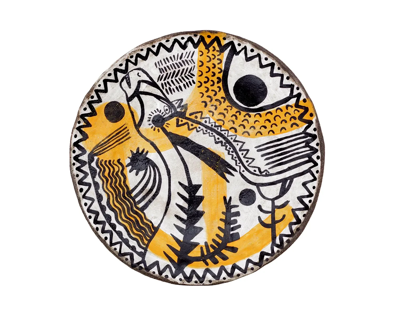 Abstract black and yellow circular artwork with geometric and organic patterns, featuring stylized bird and eye shapes.