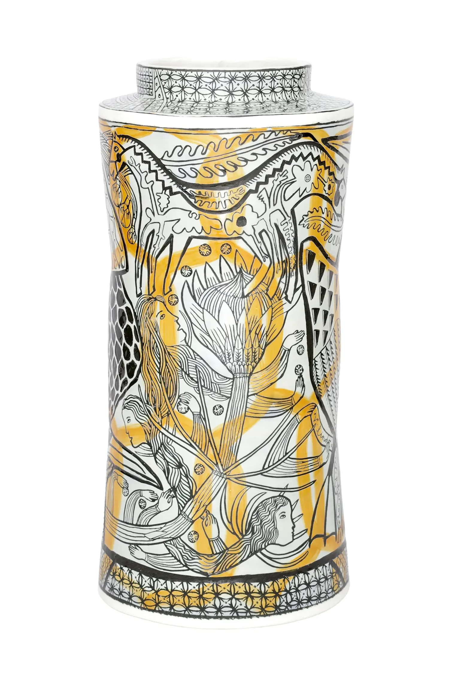 Decorative vase with intricate black, white, and yellow abstract and figurative line art design including women, plants, and geometric patterns.