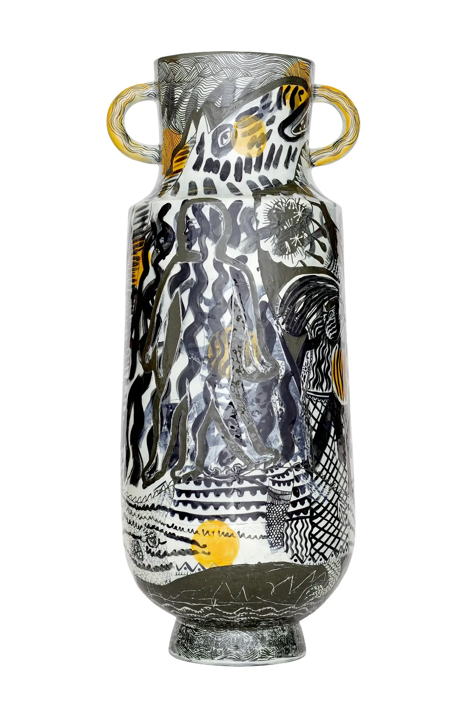 Decorative vase with abstract black, yellow, and gray patterns, including human figures and nature motifs against a white background.