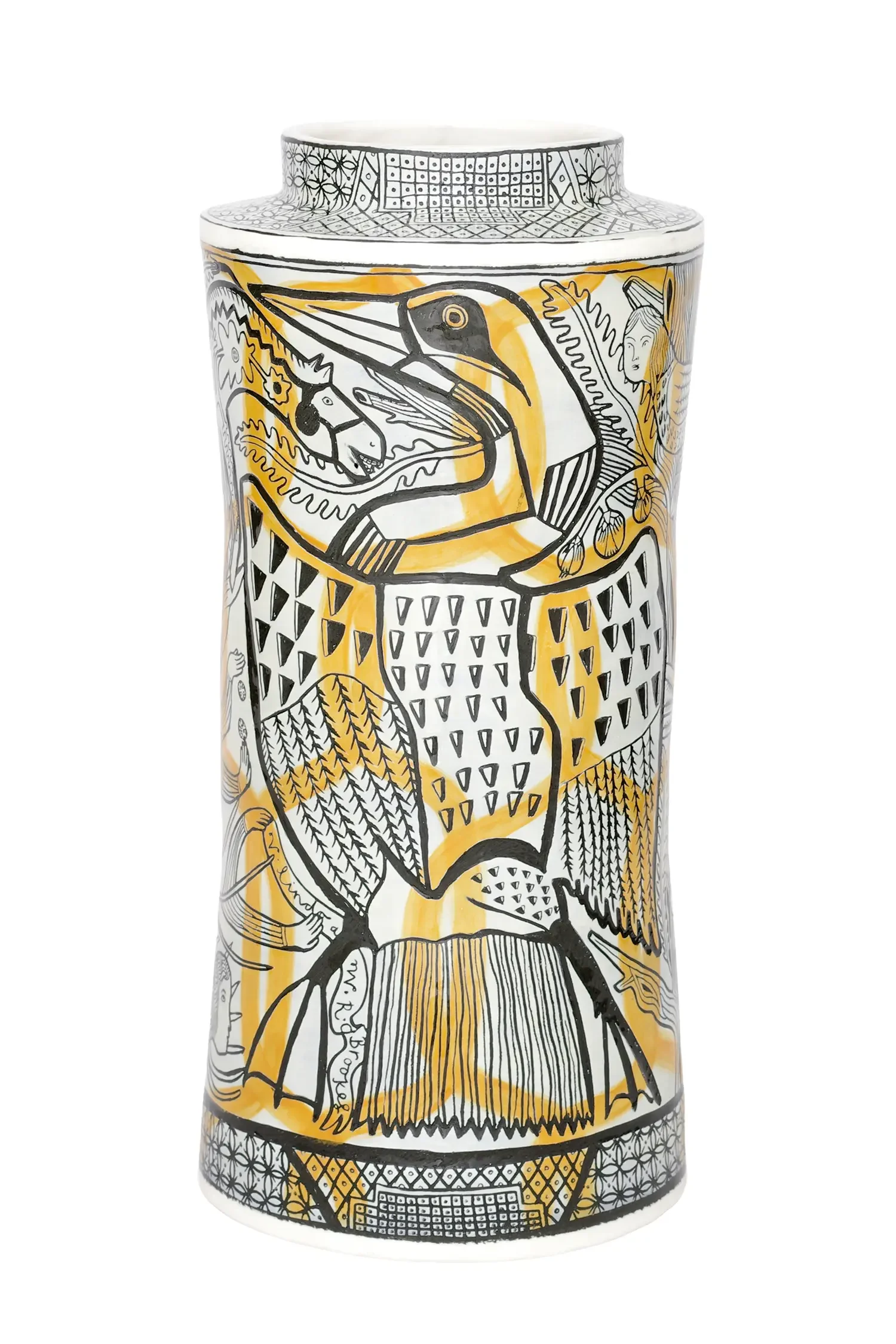 Decorative ceramic vase with abstract black, yellow, and white tribal-inspired patterns, featuring a bird and human figures.