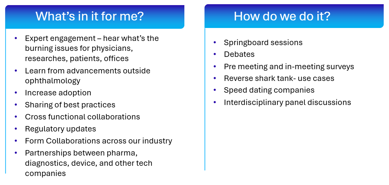 A presentation slide with two sections. The left section titled 'What’s in it for me?' lists benefits for physicians and industry, including expert engagement, learning from advancements, adoption, sharing best practices, and collaborations. The right section titled 'How do we do it?' details methods such as springboard sessions, debates, surveys, use cases, speed dating, and panel discussions.