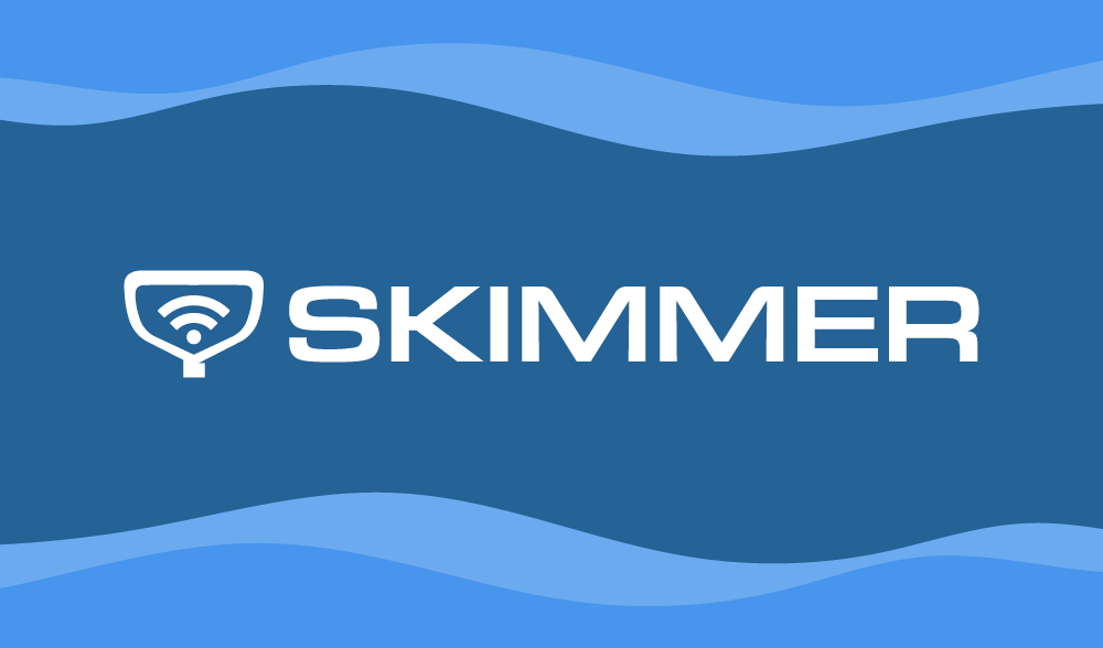 Skimmer logo with Wi-Fi symbol inside a shield on a blue wave background.
