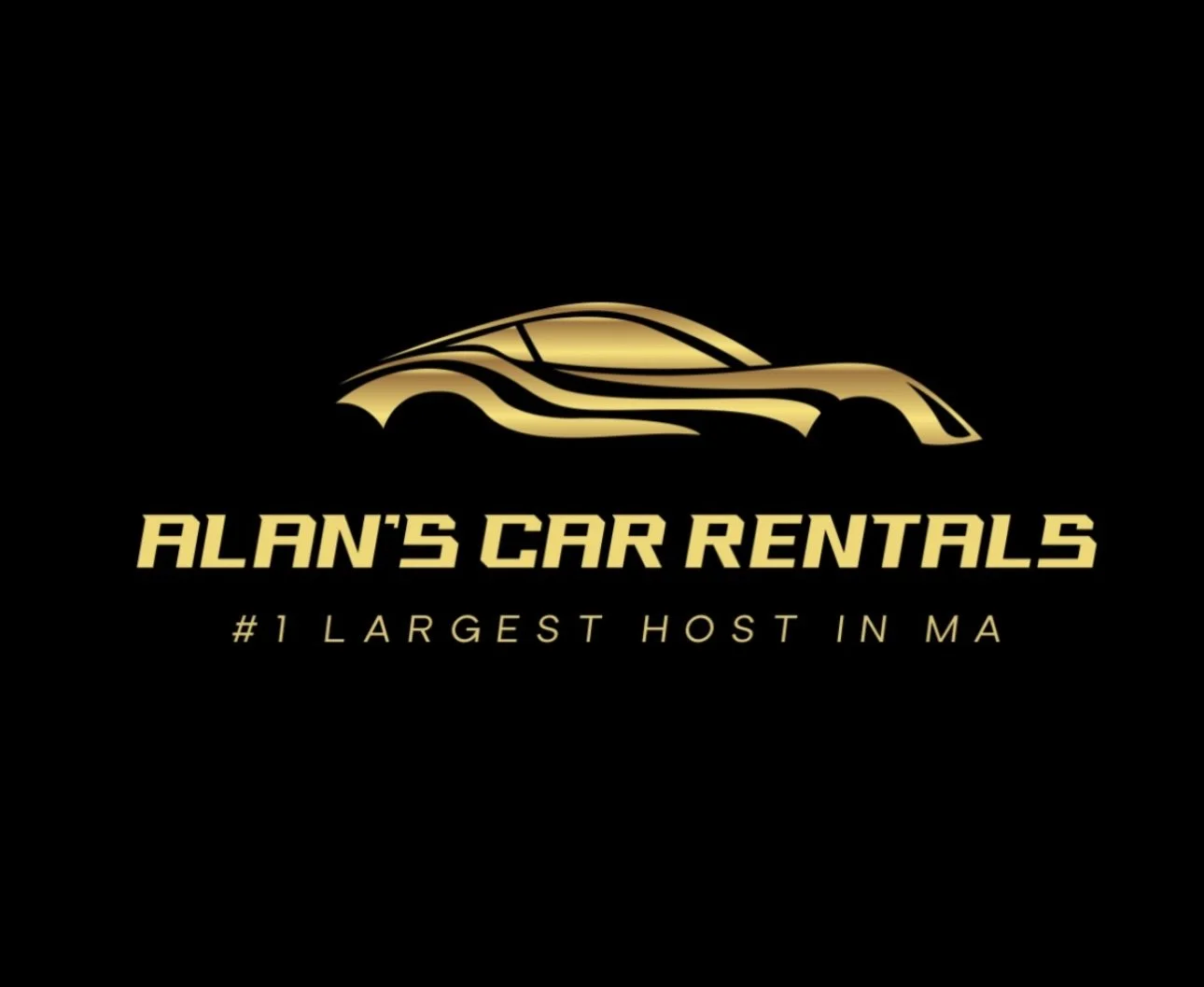 Gold and black logo for Alan's Car Rentals with a stylized sports car outline and the text #1 Largest Host in MA.