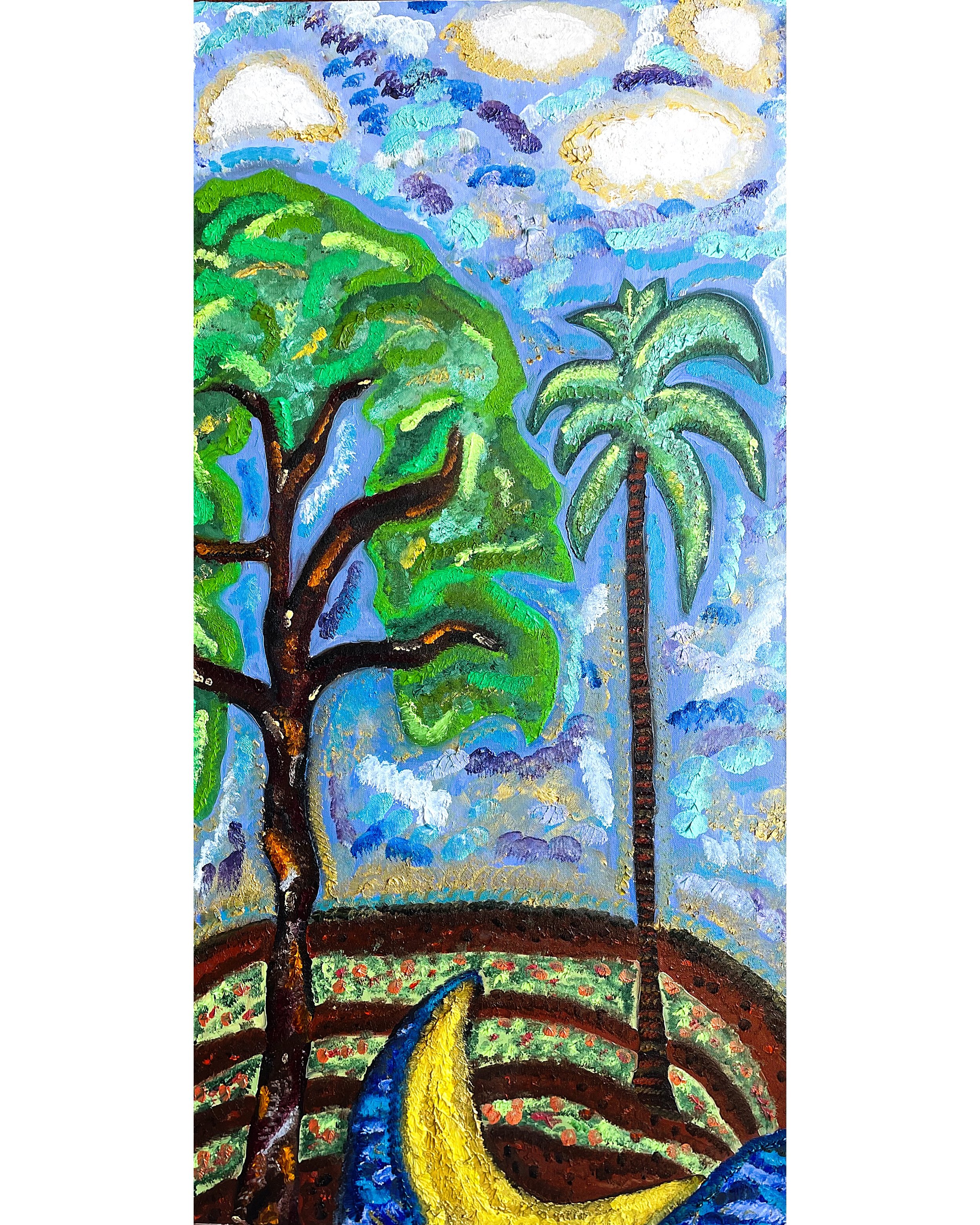 Une peinture colorée représentant des arbres et un palmier avec un ciel orageux, utilisant un styleExpressionniste.