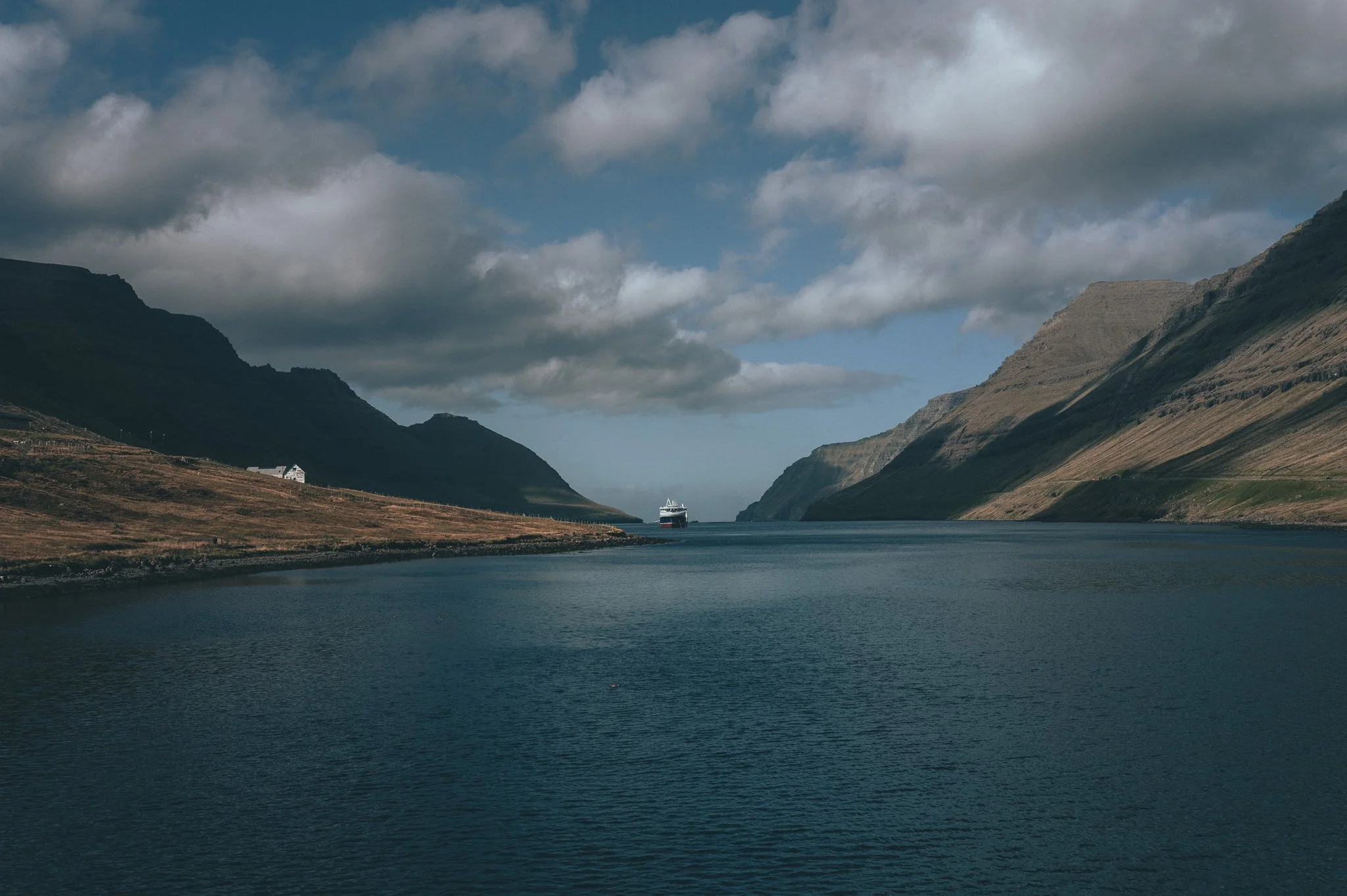 A boat sailing through a narrow fjord surrounded by steep mountains under a cloudy sky.