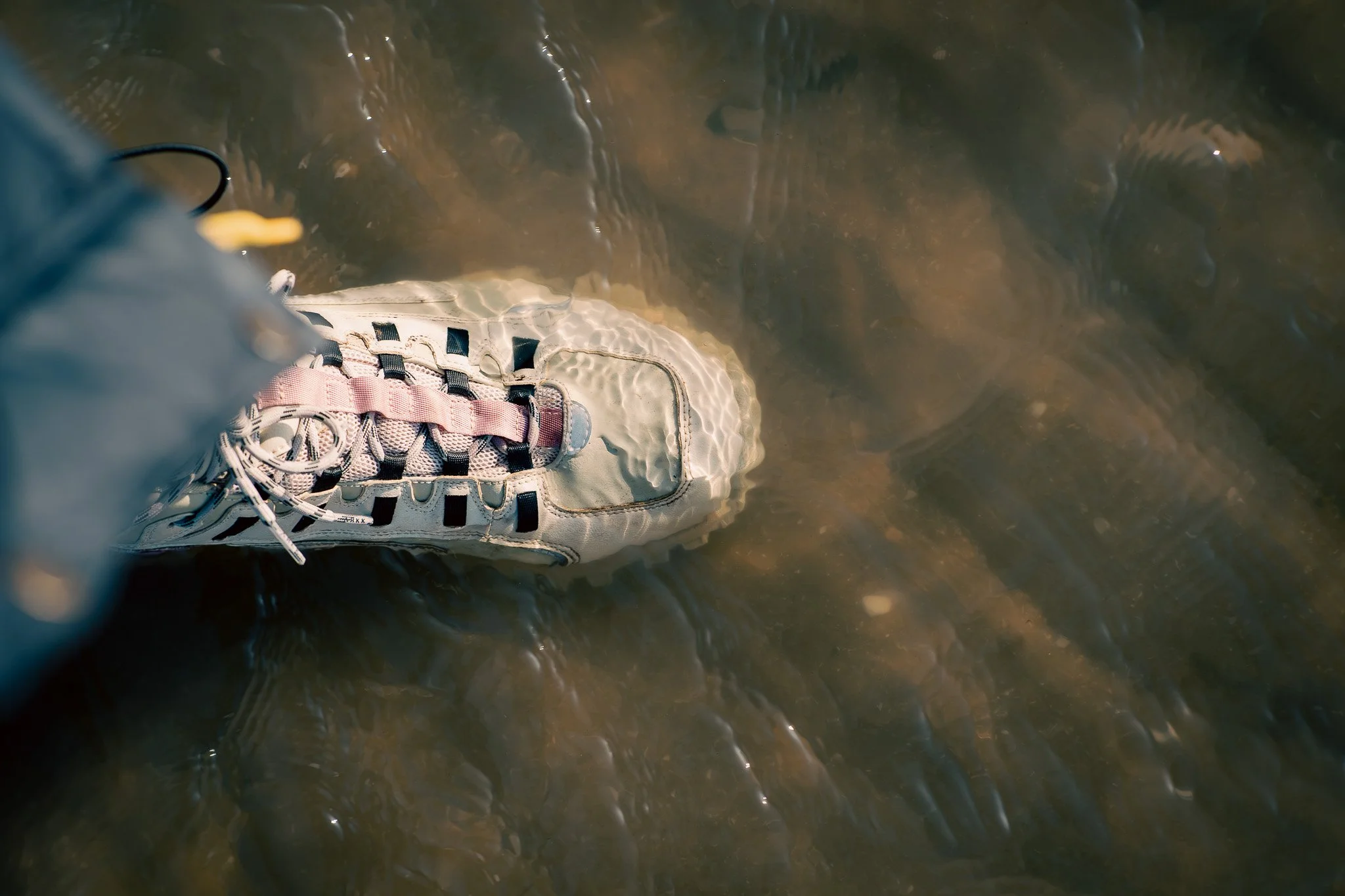A beige and pink hiking shoe partially submerged in muddy water.