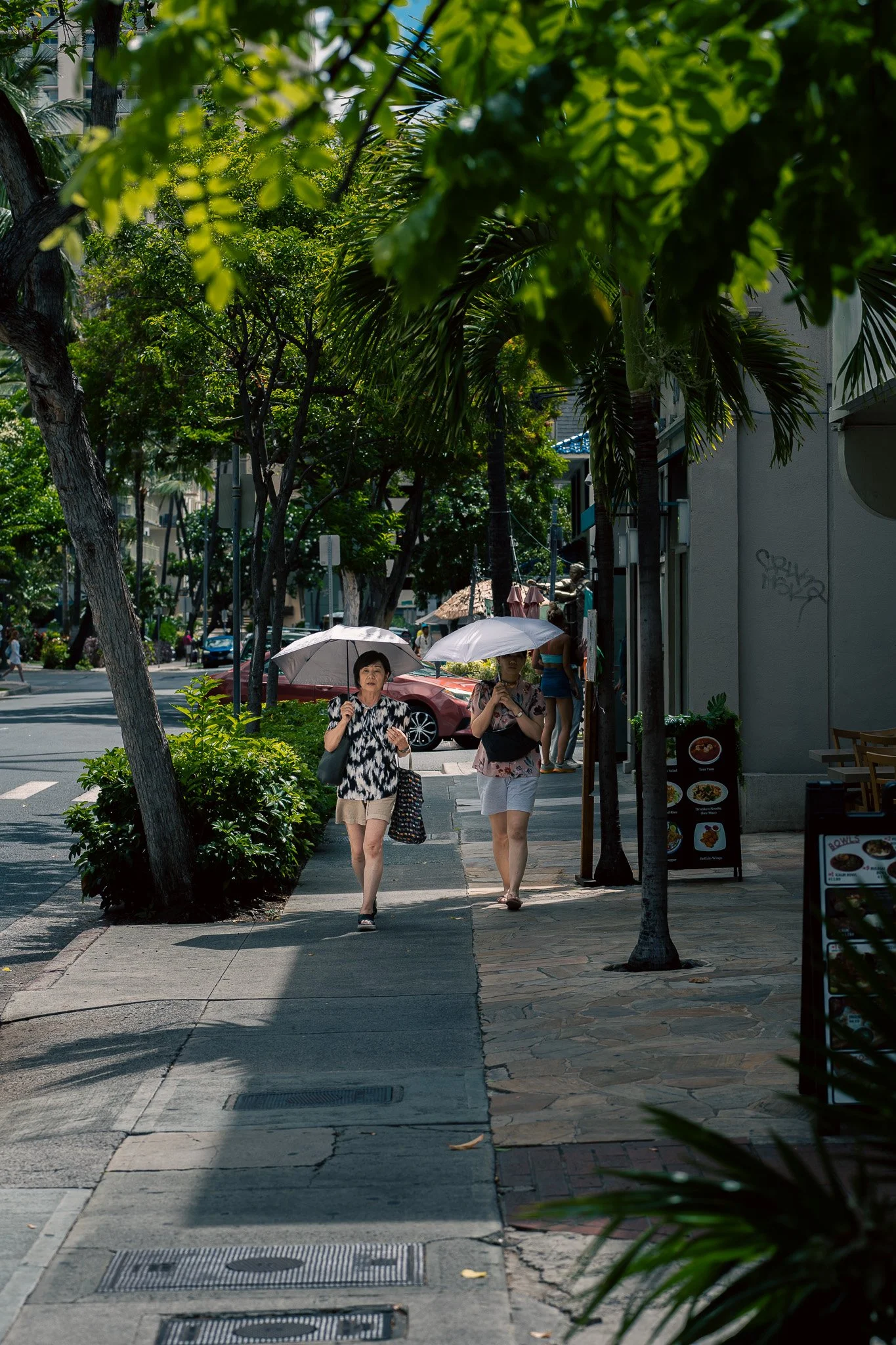 Sight of two women walking on a city sidewalk, holding umbrellas, with trees lining the sidewalk and a restaurant menu board on the right.