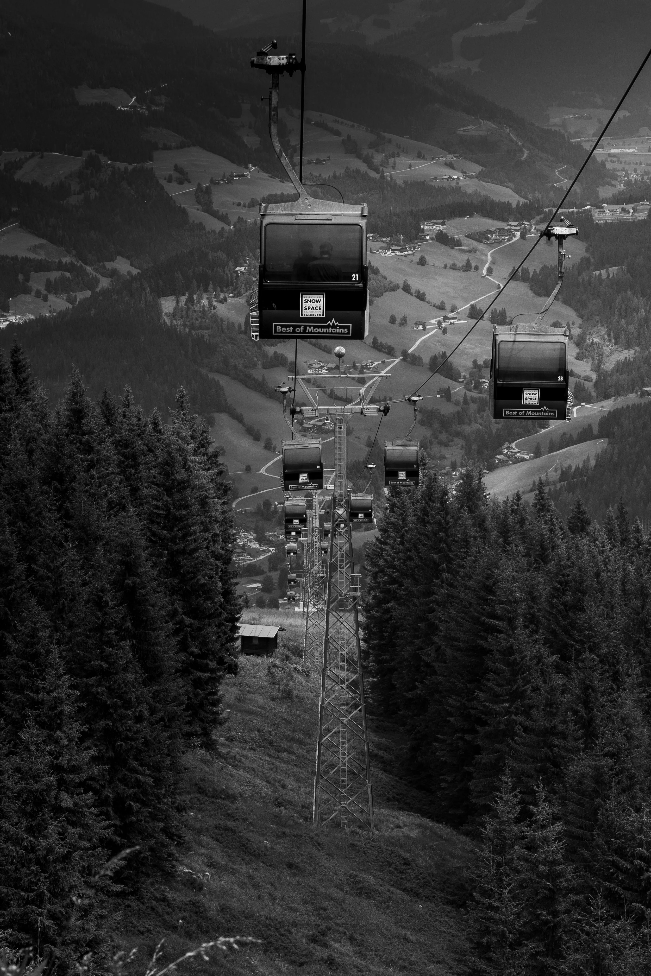 Black and white mountain gondola lift ascending above dense forest and alpine valleys, capturing scale, travel, and the timeless atmosphere of mountain landscapes.