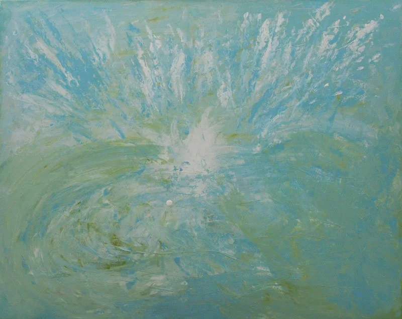 Abstrakte Farbfeldmalerei mit blauen, grünen und weißen Pinselstrichen, die eine Explosion oder Wasserbewegung darstellen.