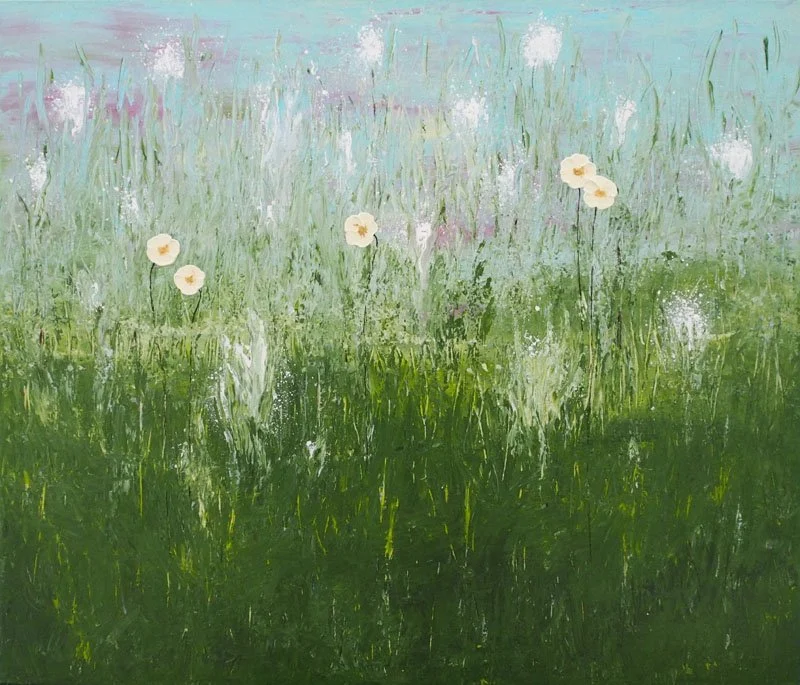 A watercolor painting of a grassy meadow with white flowers and light purple and green background.